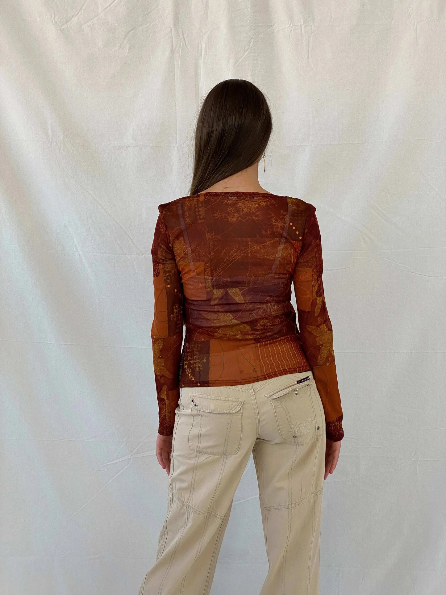 Vintage 90s Cache Cache Orange Semi Mesh Full Sleeve Top - M - Balagan Vintage Full Sleeve Top 90s, mesh, mesh top, Mira, women top