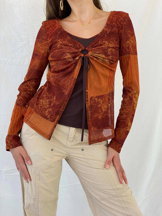 Vintage 90s Cache Cache Orange Semi Mesh Full Sleeve Top - M - Balagan Vintage Full Sleeve Top 90s, mesh, mesh top, Mira, women top