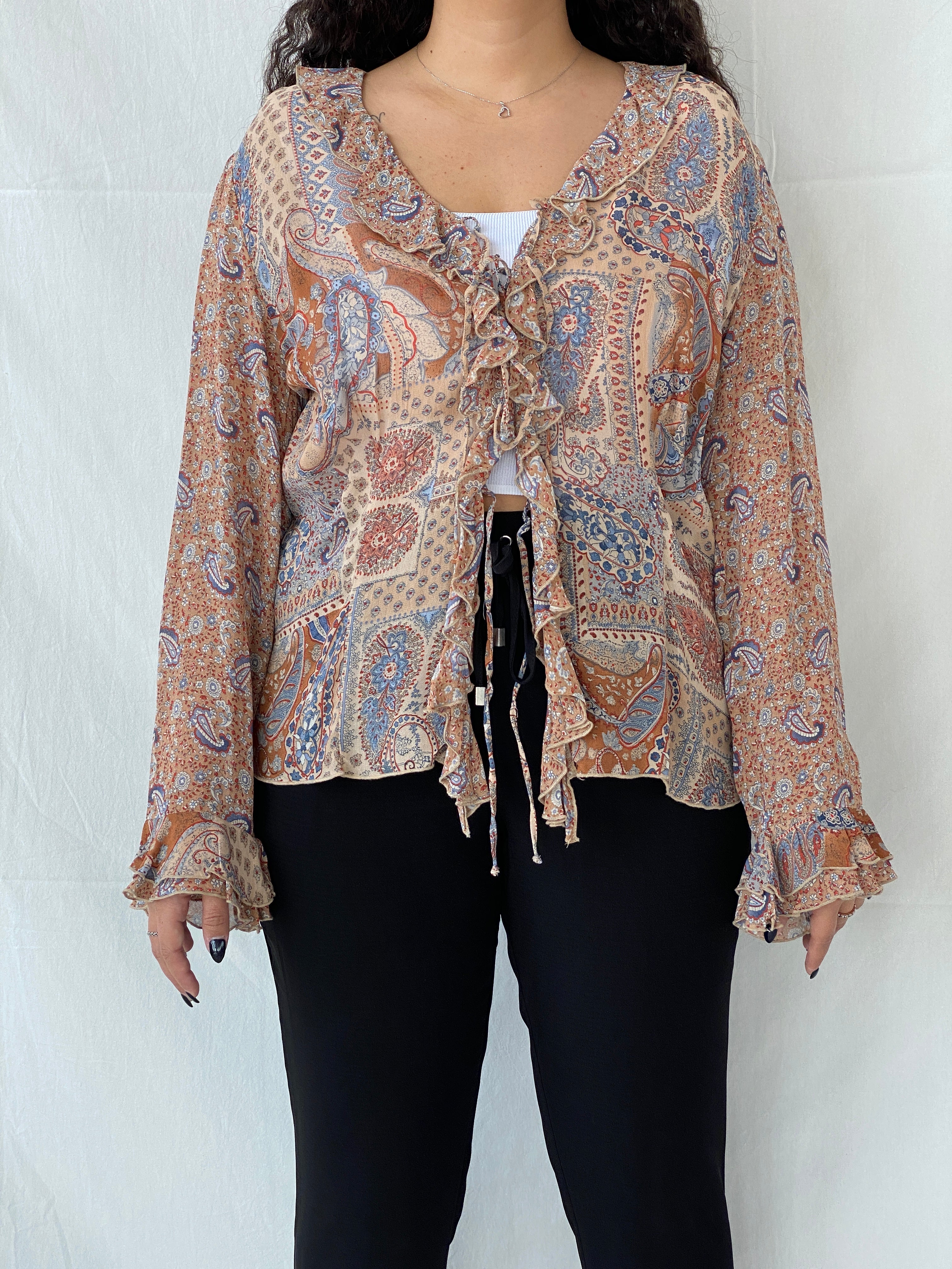 Vintage 90s CANDA C&A Paisley Print Ruffled Front Tie Cardigan - XL - Balagan Vintage Cardigan 00s, 90s, cardigan, Dina