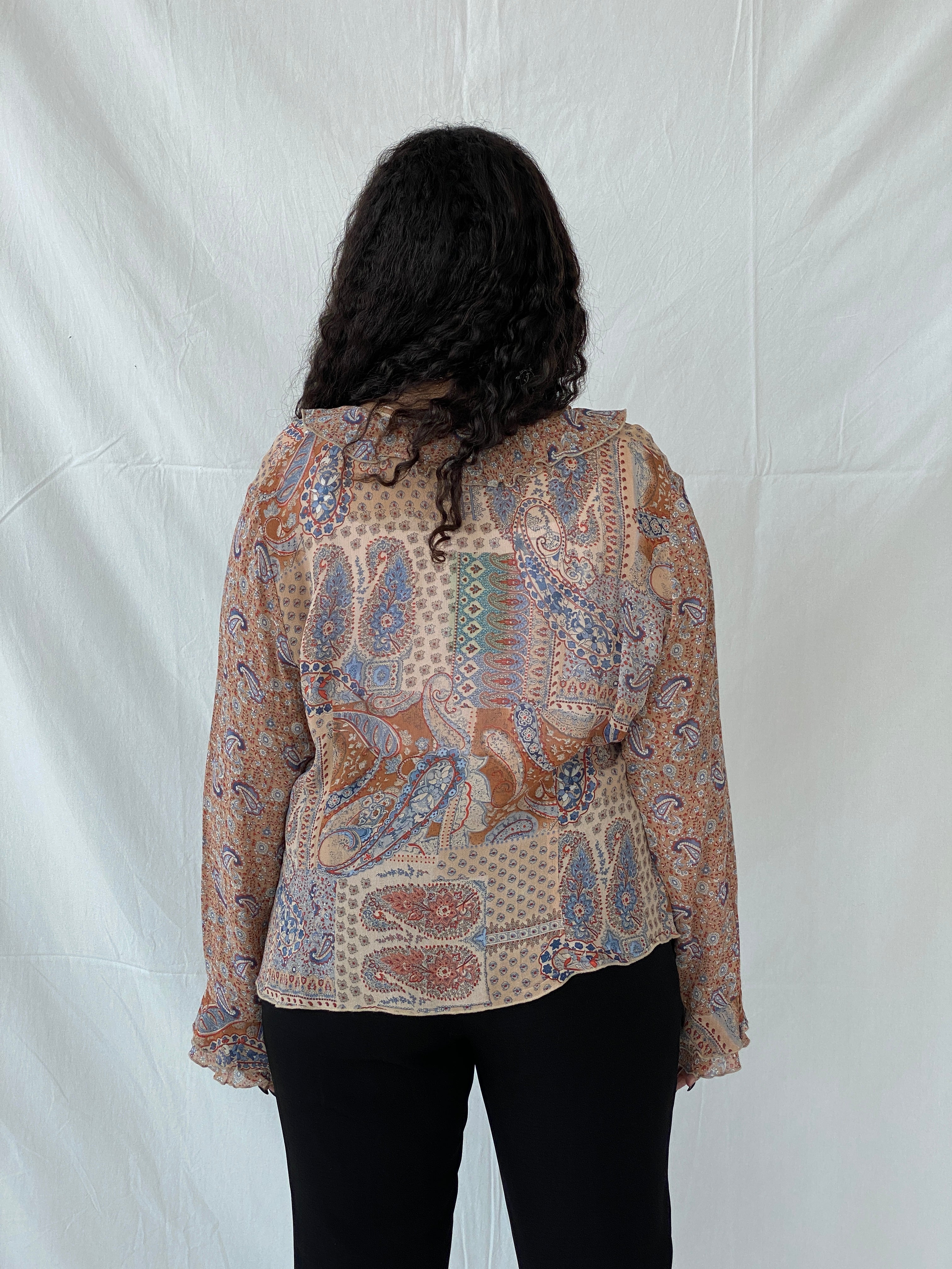 Vintage 90s CANDA C&A Paisley Print Ruffled Front Tie Cardigan - XL - Balagan Vintage Cardigan 00s, 90s, cardigan, Dina