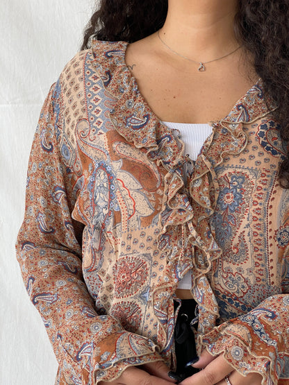 Vintage 90s CANDA C&A Paisley Print Ruffled Front Tie Cardigan - XL - Balagan Vintage Cardigan 00s, 90s, cardigan, Dina