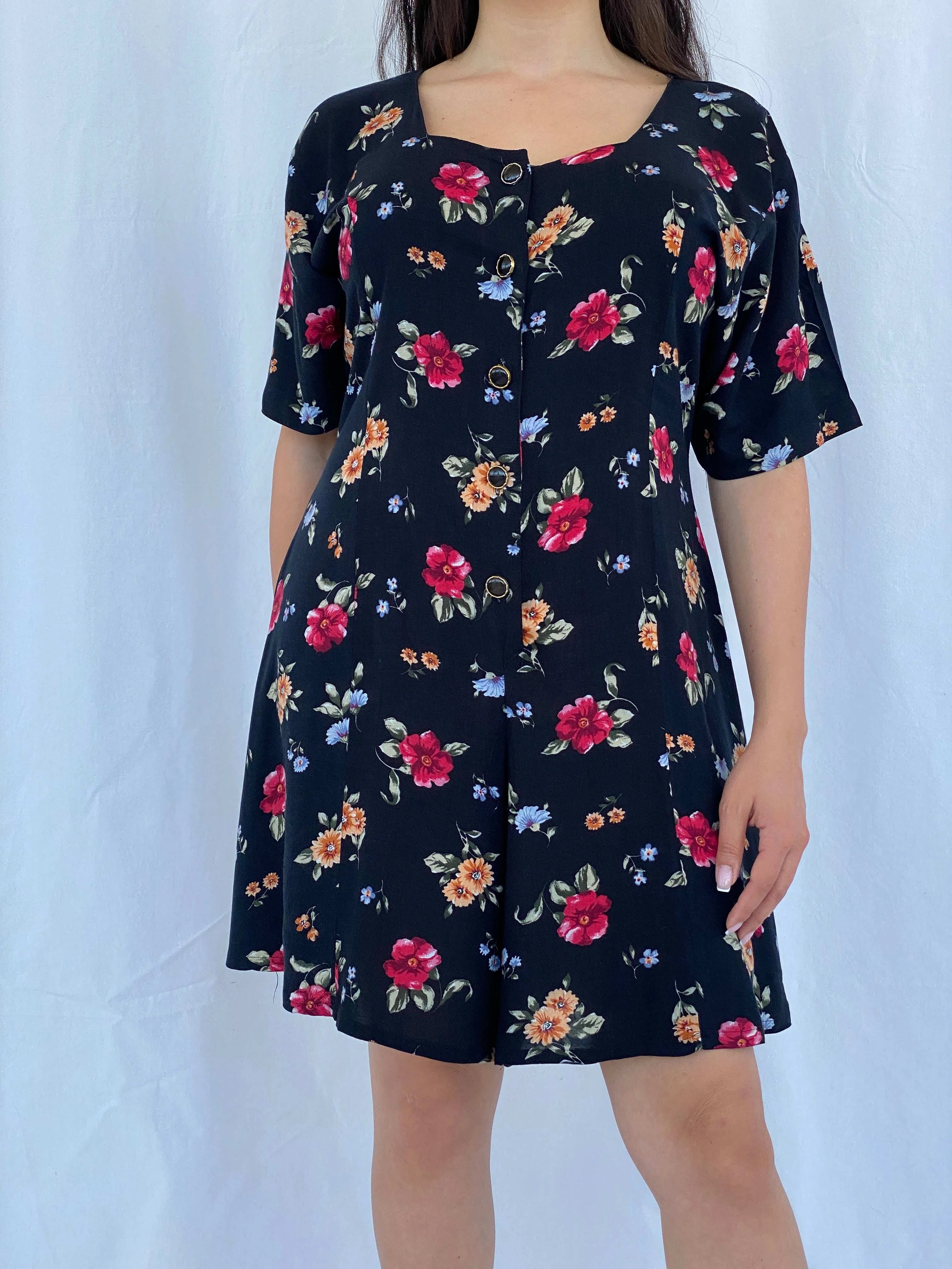 Vintage 90s Center Aisle Black Floral Short Playsuit Size L - Balagan Vintage Jumpsuit 90s, Aseel, floral, floral dress, floral print, summer