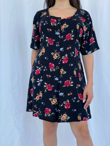 Vintage 90s Center Aisle Black Floral Short Playsuit Size L - Balagan Vintage Jumpsuit 90s, Aseel, floral, floral dress, floral print, summer