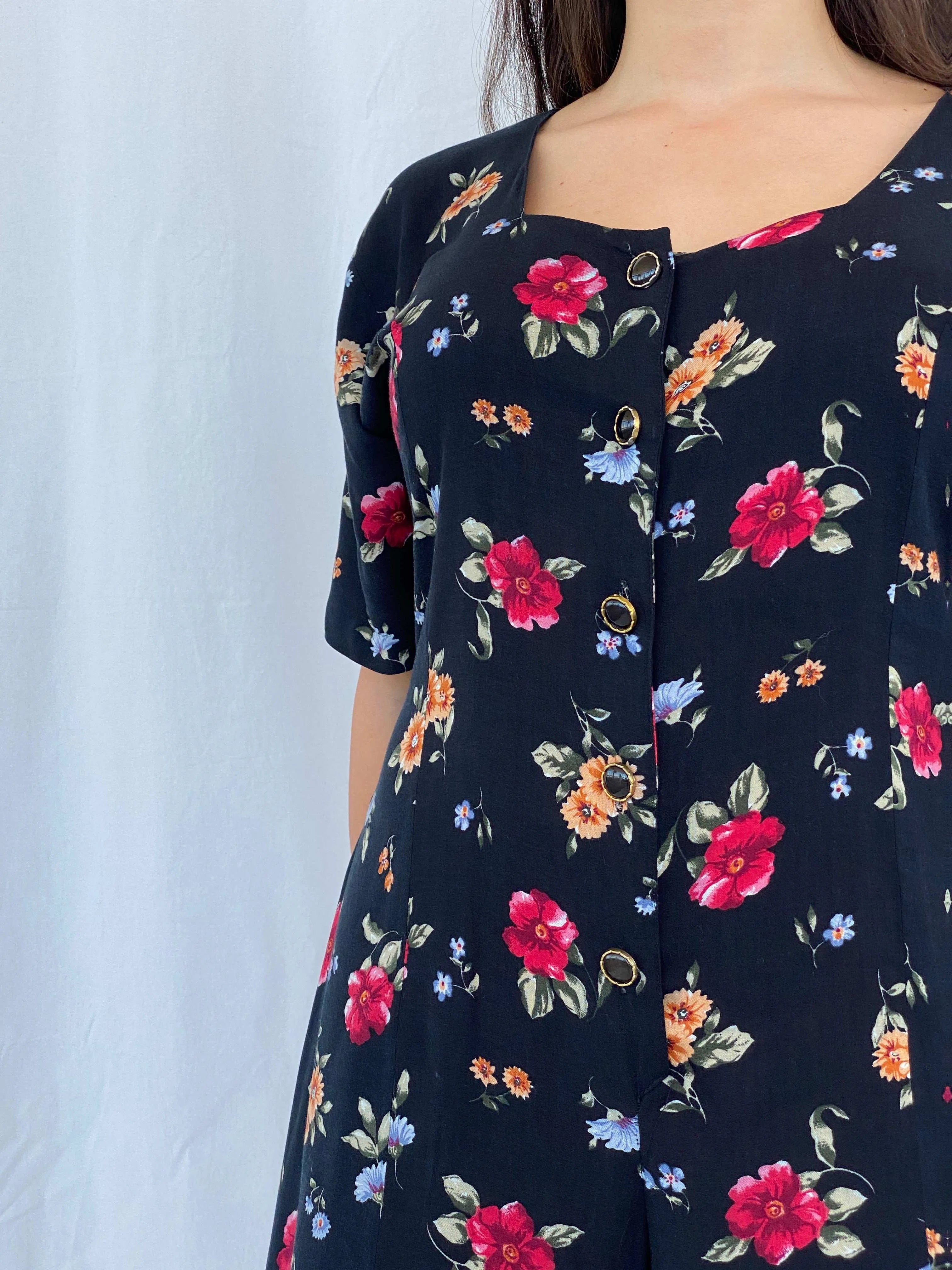 Vintage 90s Center Aisle Black Floral Short Playsuit Size L - Balagan Vintage Jumpsuit 90s, Aseel, floral, floral dress, floral print, summer