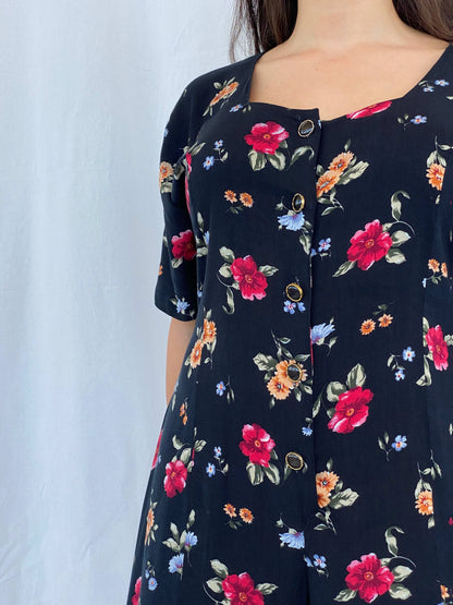 Vintage 90s Center Aisle Black Floral Short Playsuit Size L - Balagan Vintage Jumpsuit 90s, Aseel, floral, floral dress, floral print, summer