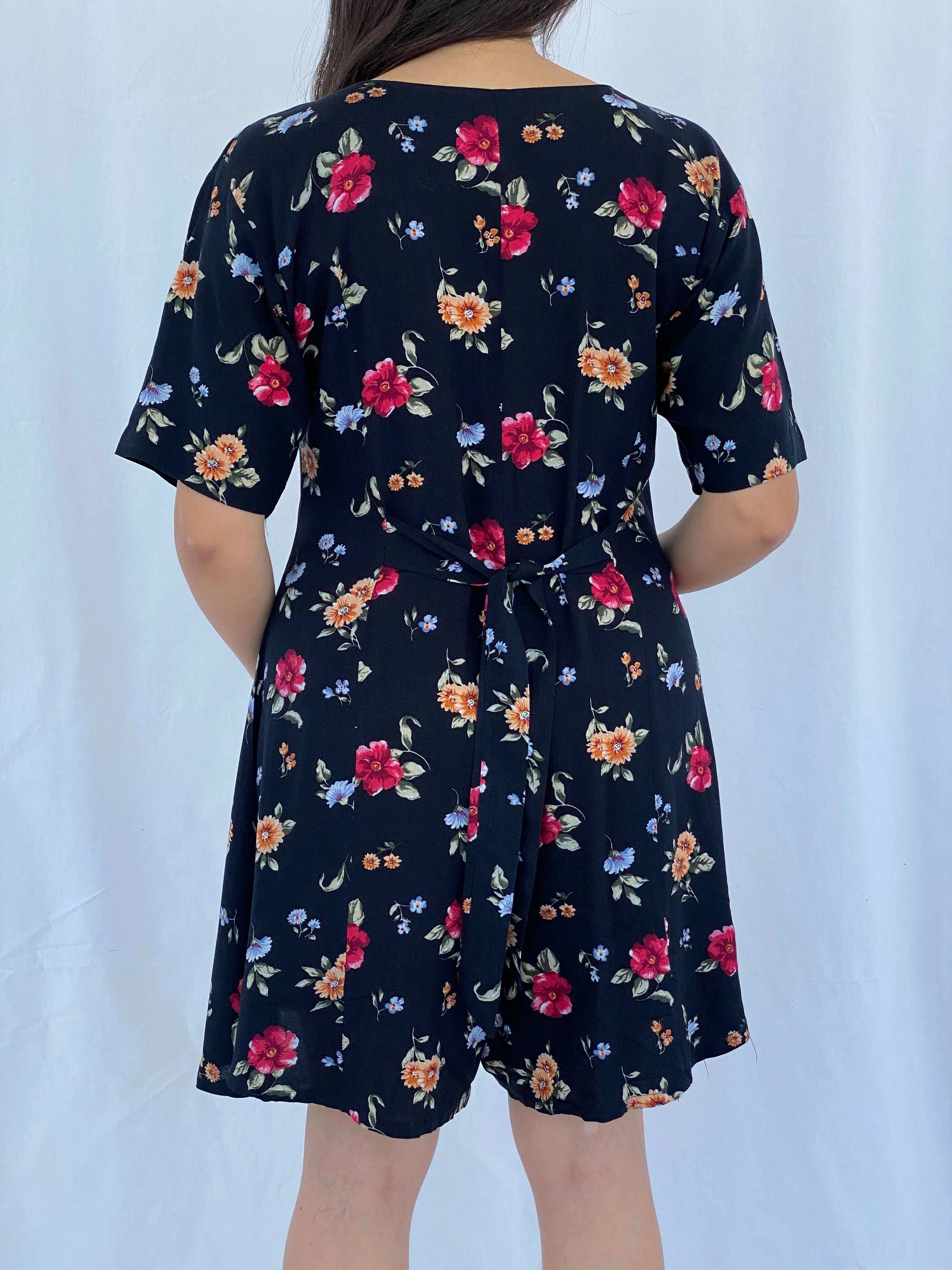 Vintage 90s Center Aisle Black Floral Short Playsuit Size L - Balagan Vintage Jumpsuit 90s, Aseel, floral, floral dress, floral print, summer