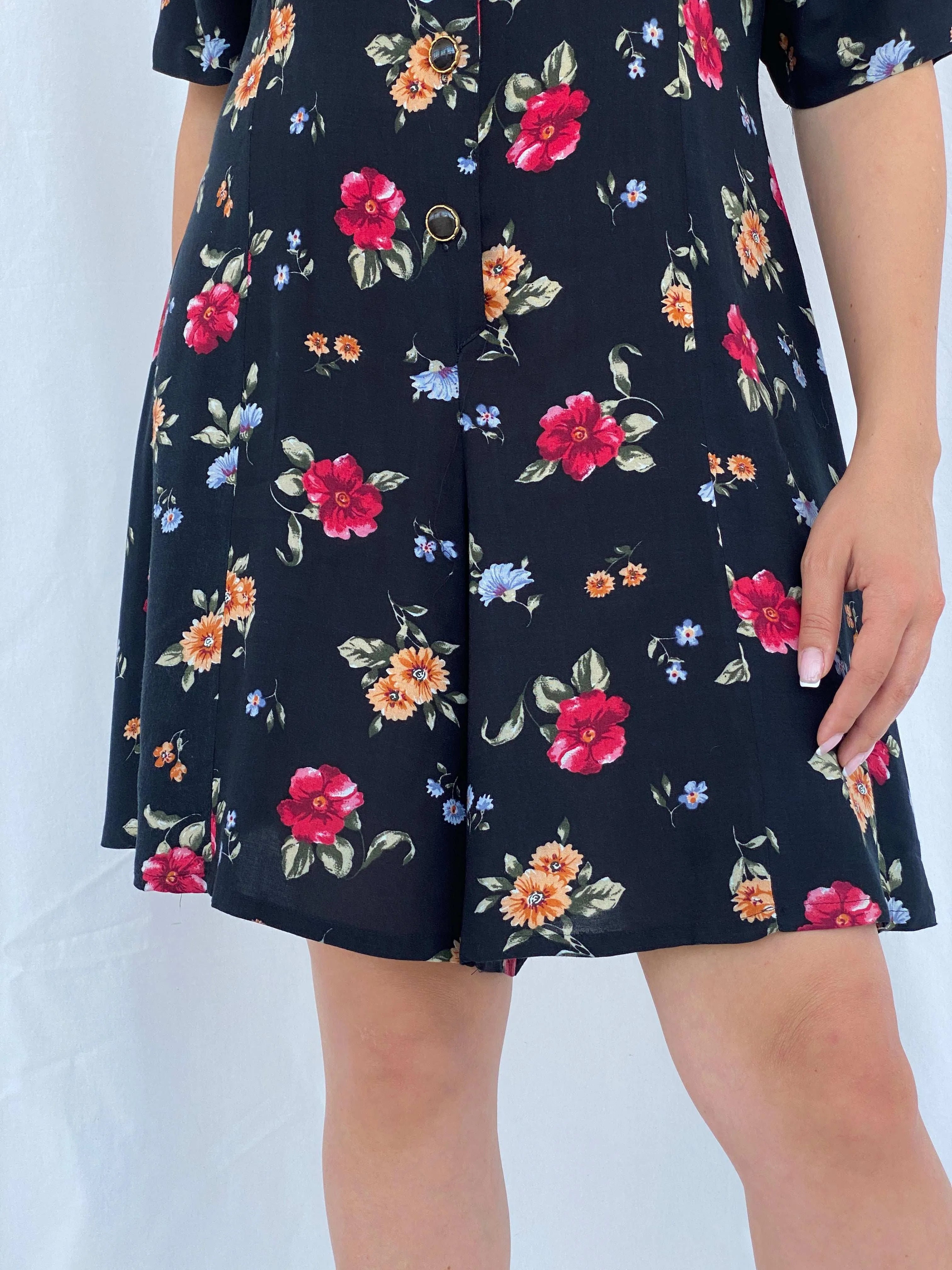 Vintage 90s Center Aisle Black Floral Short Playsuit Size L - Balagan Vintage Jumpsuit 90s, Aseel, floral, floral dress, floral print, summer