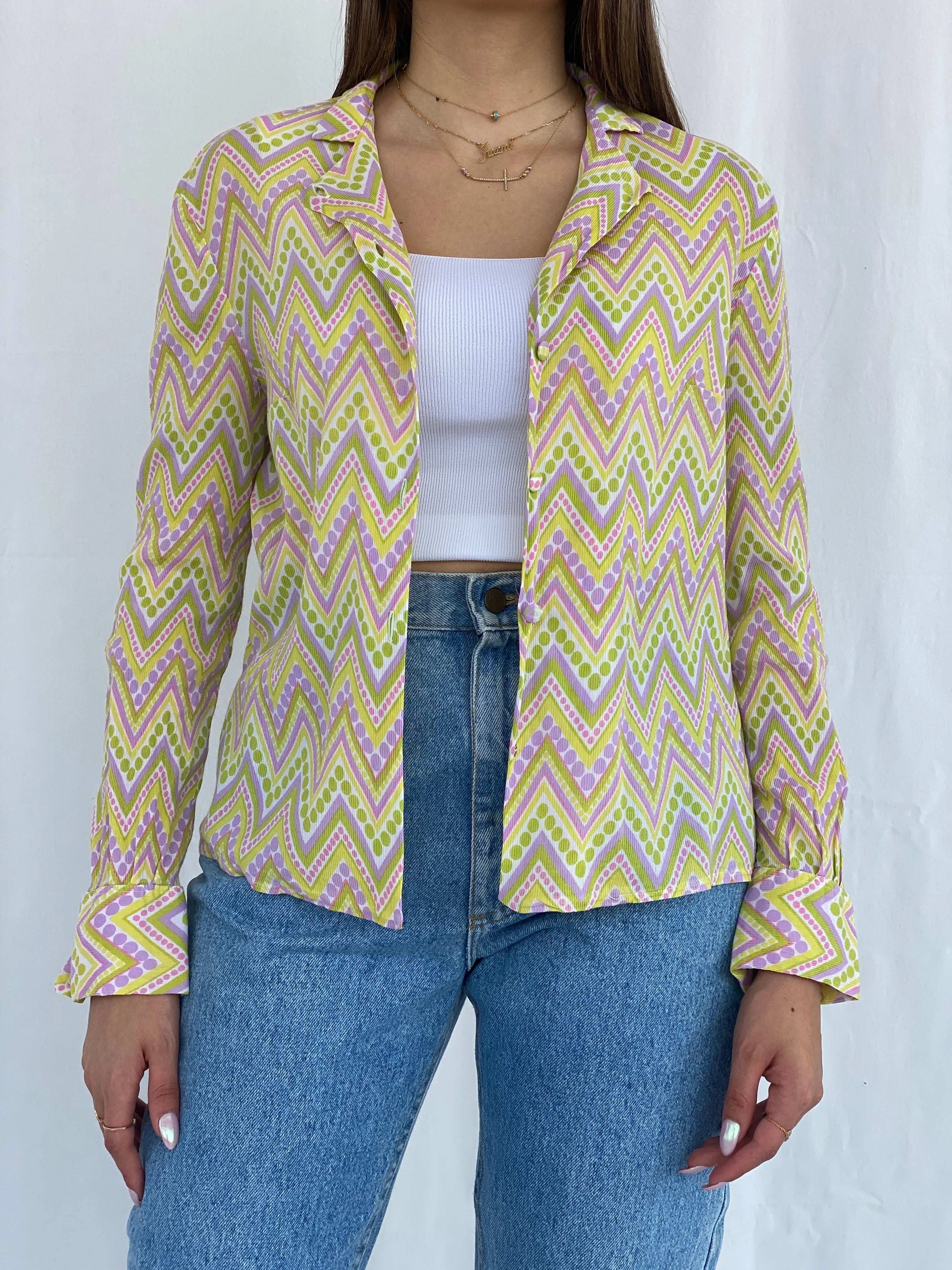 Vintage 90s Douchka Paris Yellow Geometric Sheer Shirt Size S - Balagan Vintage Full Sleeve Shirt 90s, full sleeve shirt, geometric print, groovy shirt, Juana, women skirt