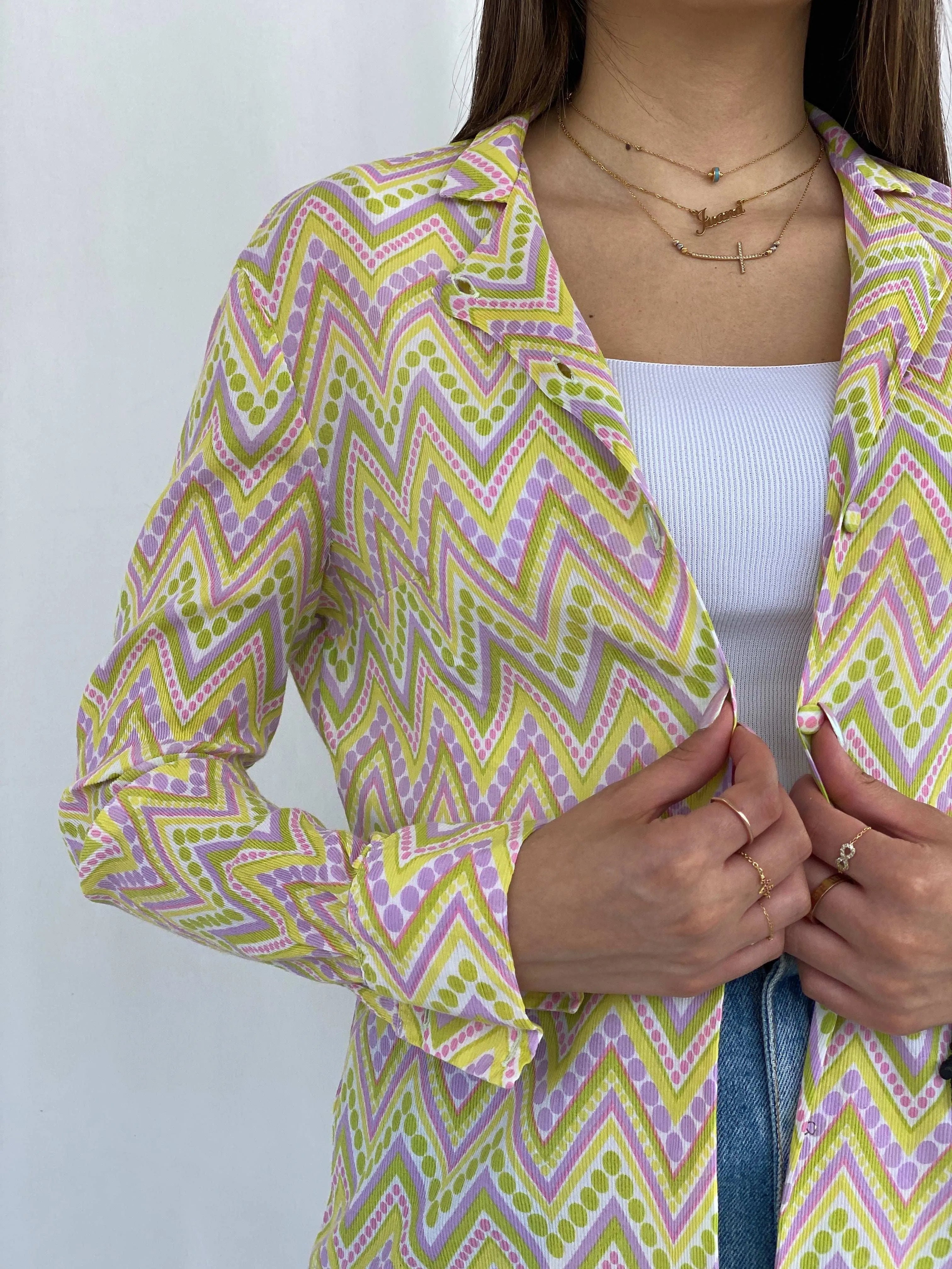 Vintage 90s Douchka Paris Yellow Geometric Sheer Shirt Size S - Balagan Vintage Full Sleeve Shirt 90s, Deals, full sleeve shirt, geometric print, groovy shirt, Juana, women skirt