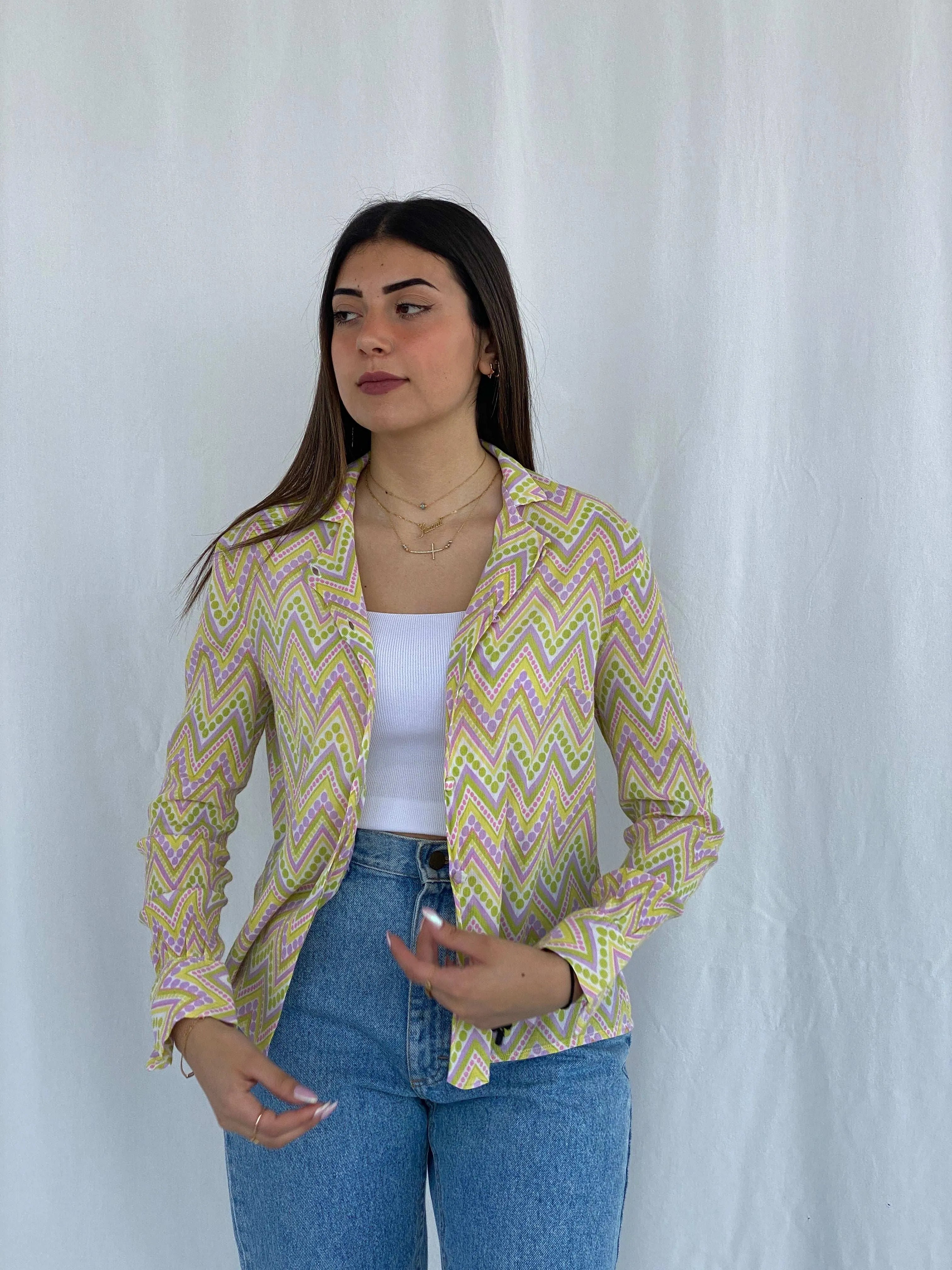 Vintage 90s Douchka Paris Yellow Geometric Sheer Shirt Size S - Balagan Vintage Full Sleeve Shirt 90s, full sleeve shirt, geometric print, groovy shirt, Juana, women skirt