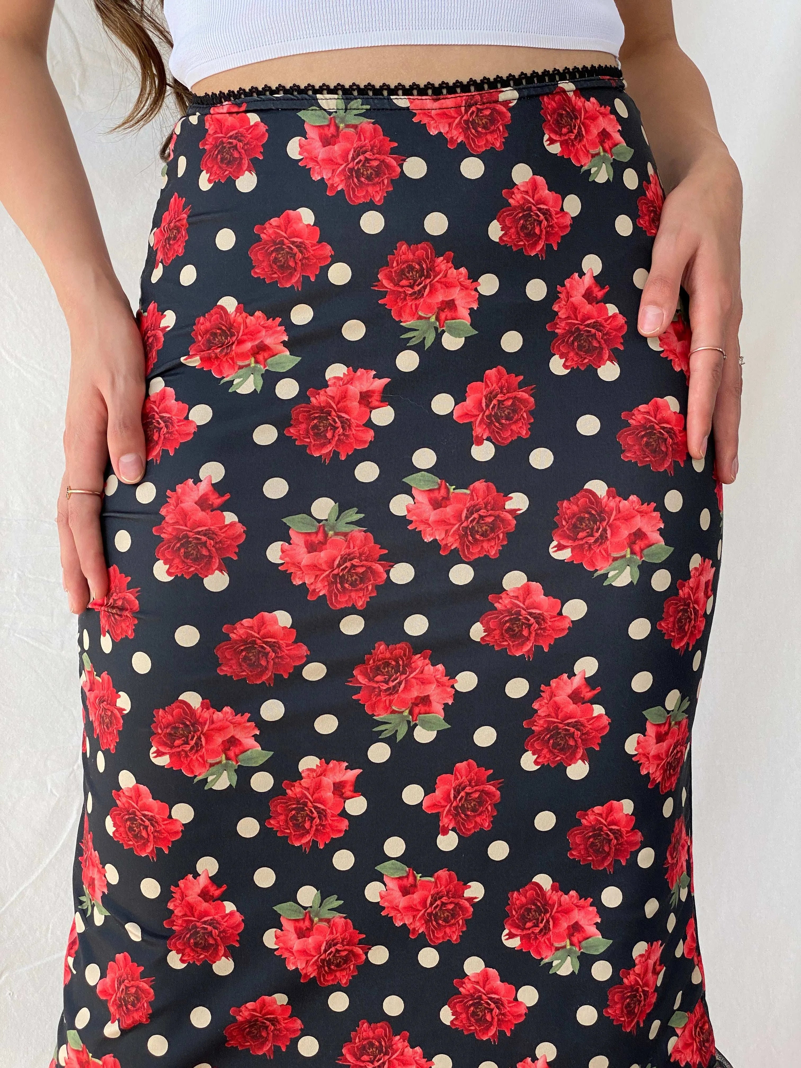 Vintage 90s Elite Club Floral Polka Dots Midi Fitted Skirt - M - Balagan Vintage Mini Skirt 00s, 90s, floral, floral skirt, midi skirt, Mira, plaid, plaid skirt