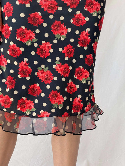 Vintage 90s Elite Club Floral Polka Dots Midi Fitted Skirt - M - Balagan Vintage Mini Skirt 00s, 90s, Deals, floral, floral skirt, midi skirt, Mira, plaid, plaid skirt