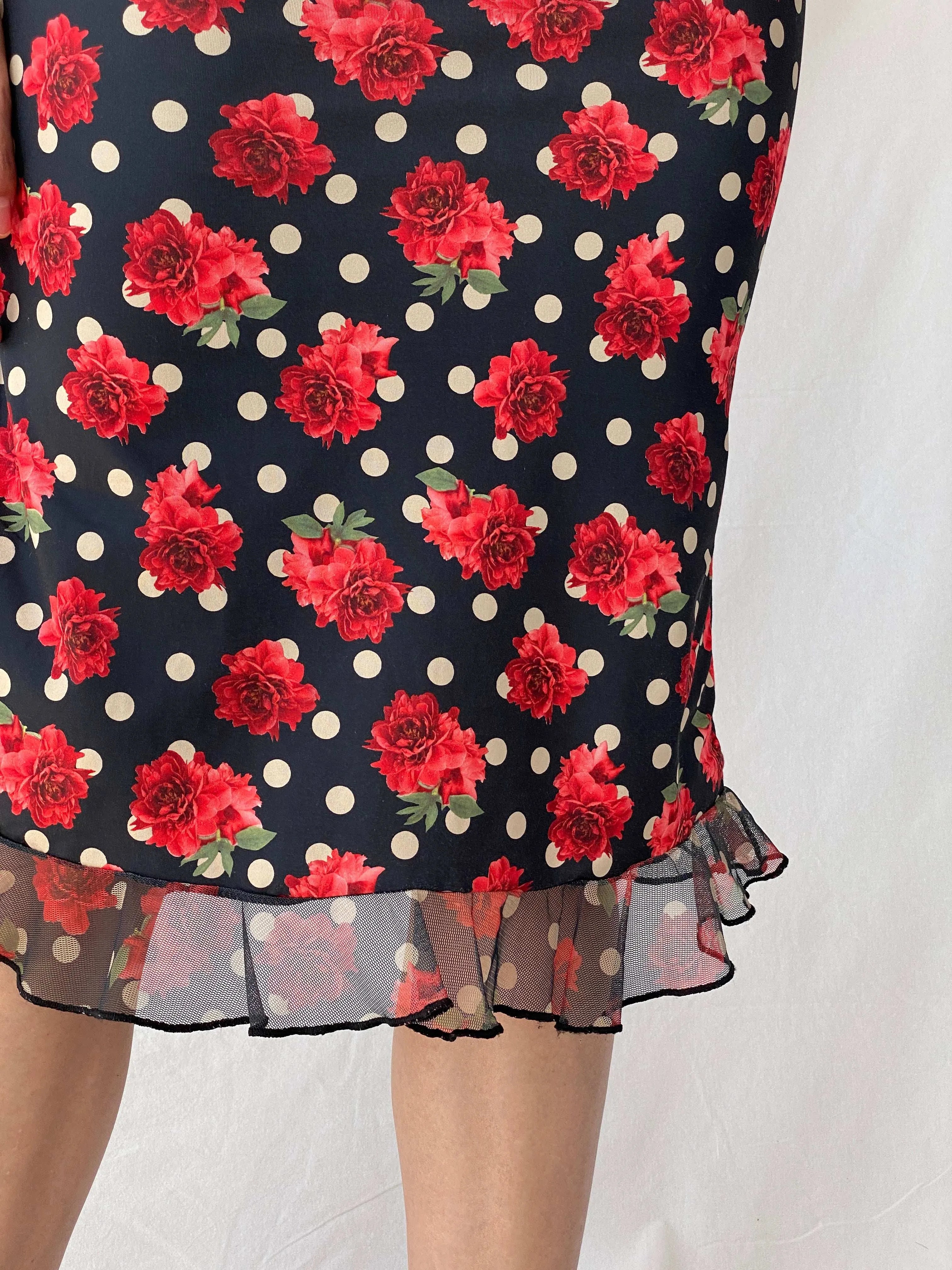 Vintage 90s Elite Club Floral Polka Dots Midi Fitted Skirt - M - Balagan Vintage Mini Skirt 00s, 90s, floral, floral skirt, midi skirt, Mira, plaid, plaid skirt