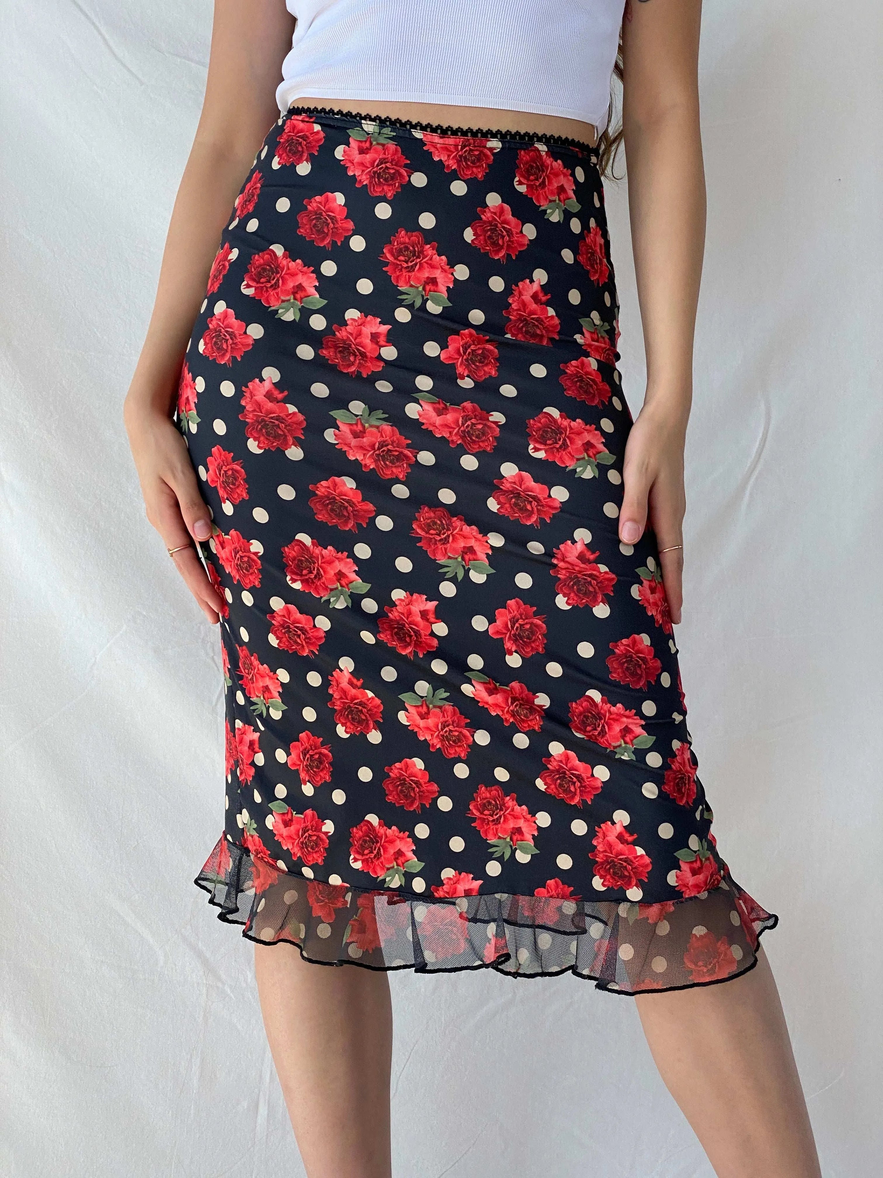 Vintage 90s Elite Club Floral Polka Dots Midi Fitted Skirt - M - Balagan Vintage Mini Skirt 00s, 90s, floral, floral skirt, midi skirt, Mira, plaid, plaid skirt