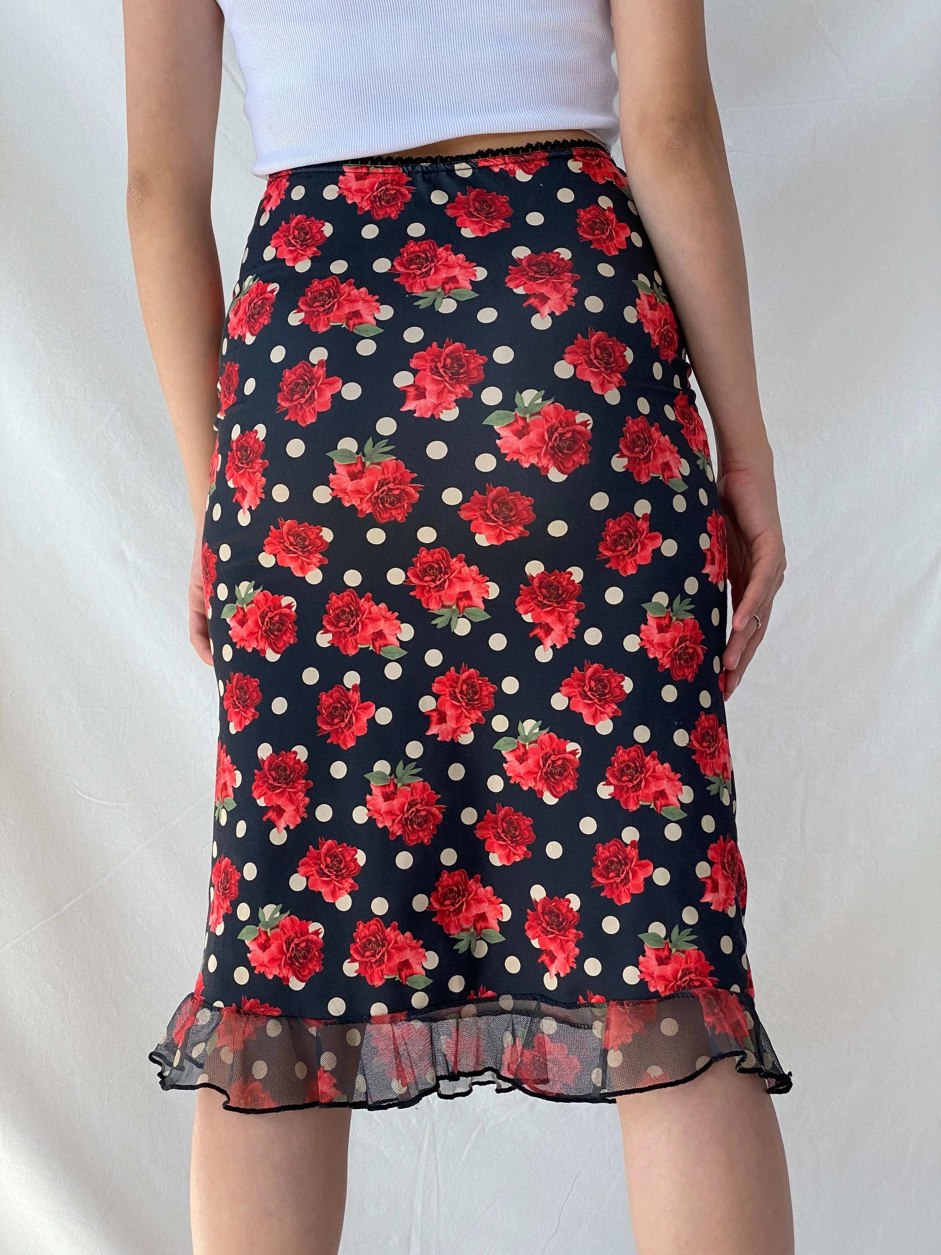 Vintage 90s Elite Club Floral Polka Dots Midi Fitted Skirt - M - Balagan Vintage Mini Skirt 00s, 90s, floral, floral skirt, midi skirt, Mira, plaid, plaid skirt