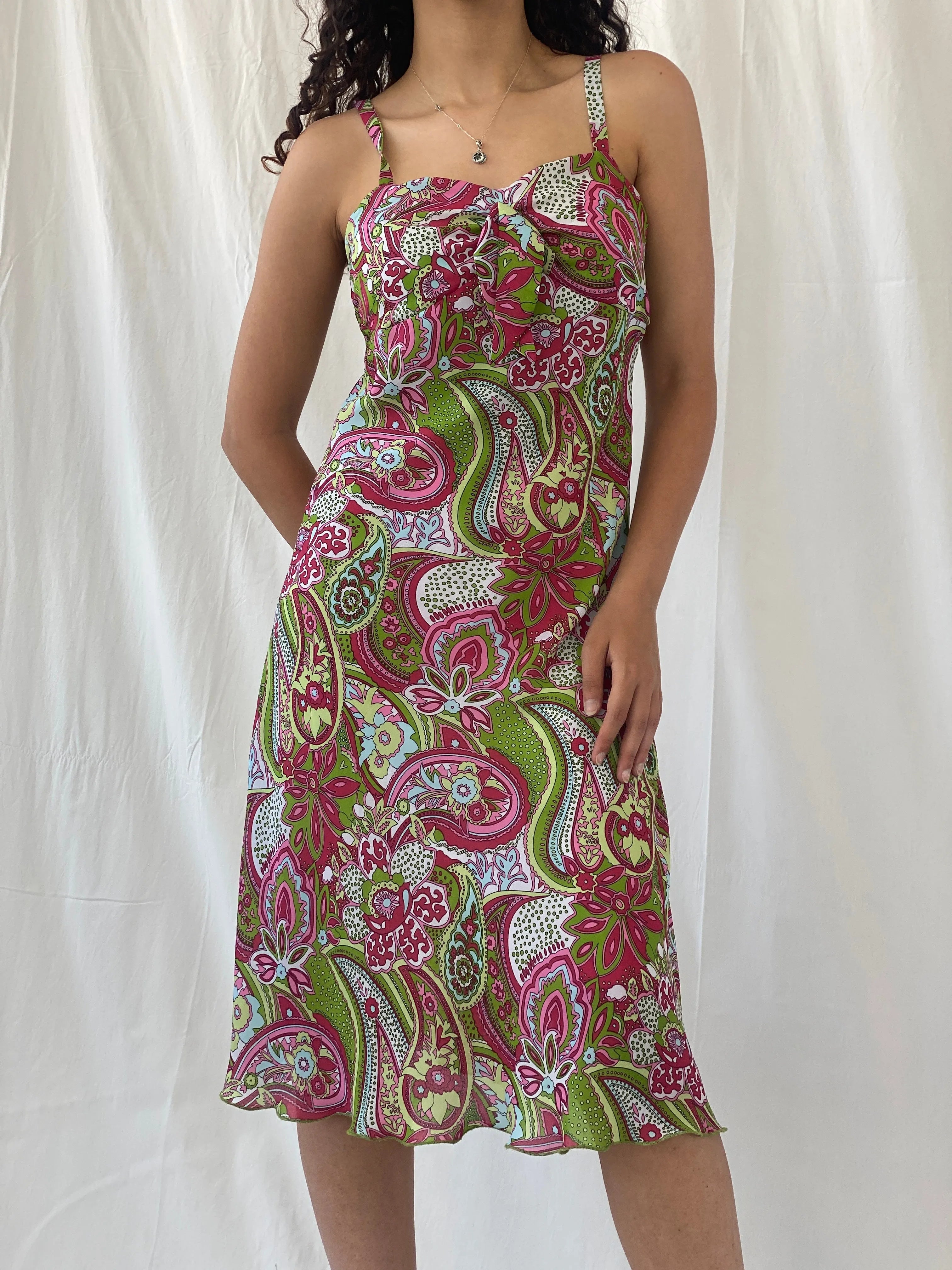 Vintage 90s Esmara Pink Green Paisley Print Midi Dress - S - Balagan Vintage Midi Dress 00s dress, Celine, dress, floral, floral dress, midi dress, Y2K dress