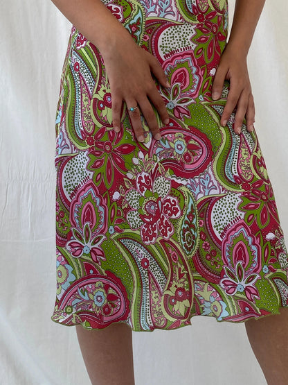 Vintage 90s Esmara Pink Green Paisley Print Midi Dress - S - Balagan Vintage Midi Dress 00s dress, Celine, dress, floral, floral dress, midi dress, Y2K dress