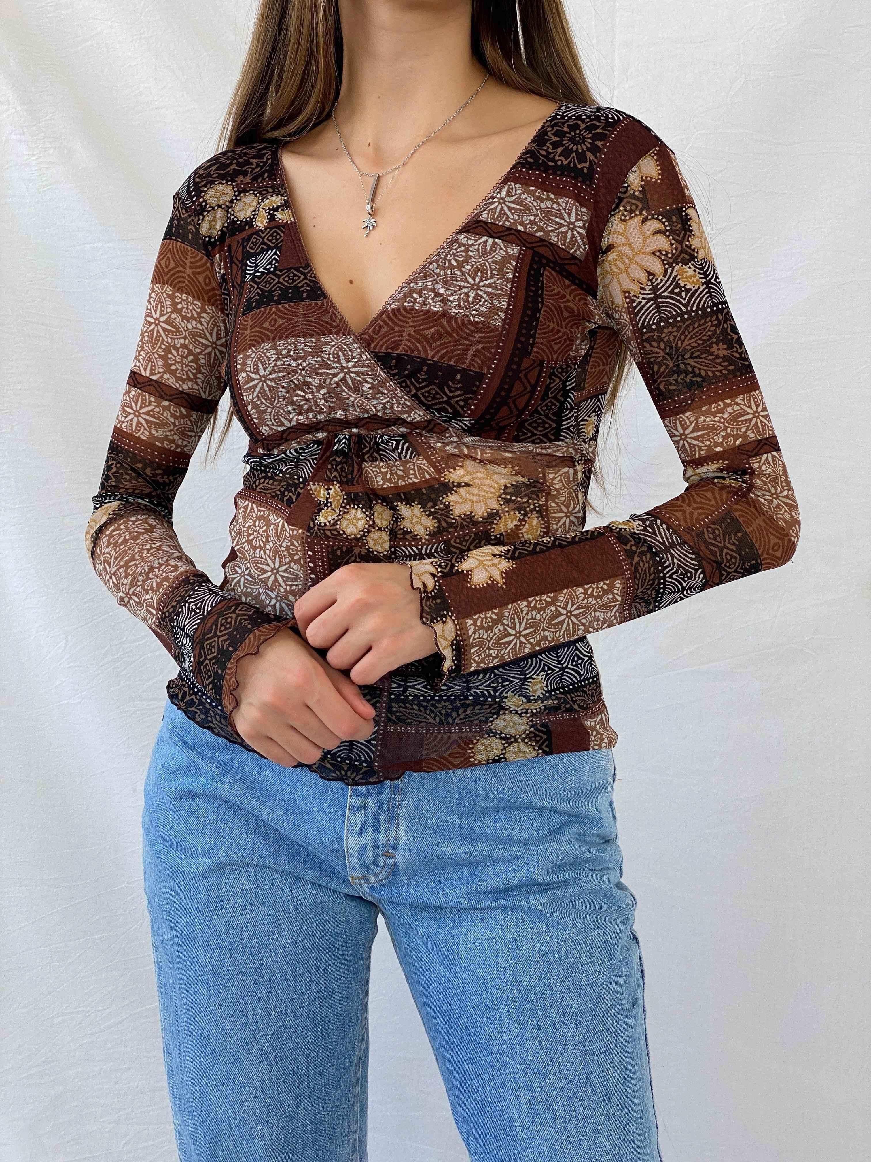 Vintage 90s Etam Full Sleeve Brown Mesh Top - Balagan Vintage Mesh Top consignment, Deals, full sleeve top, Isabella, mesh, mesh top, Mira