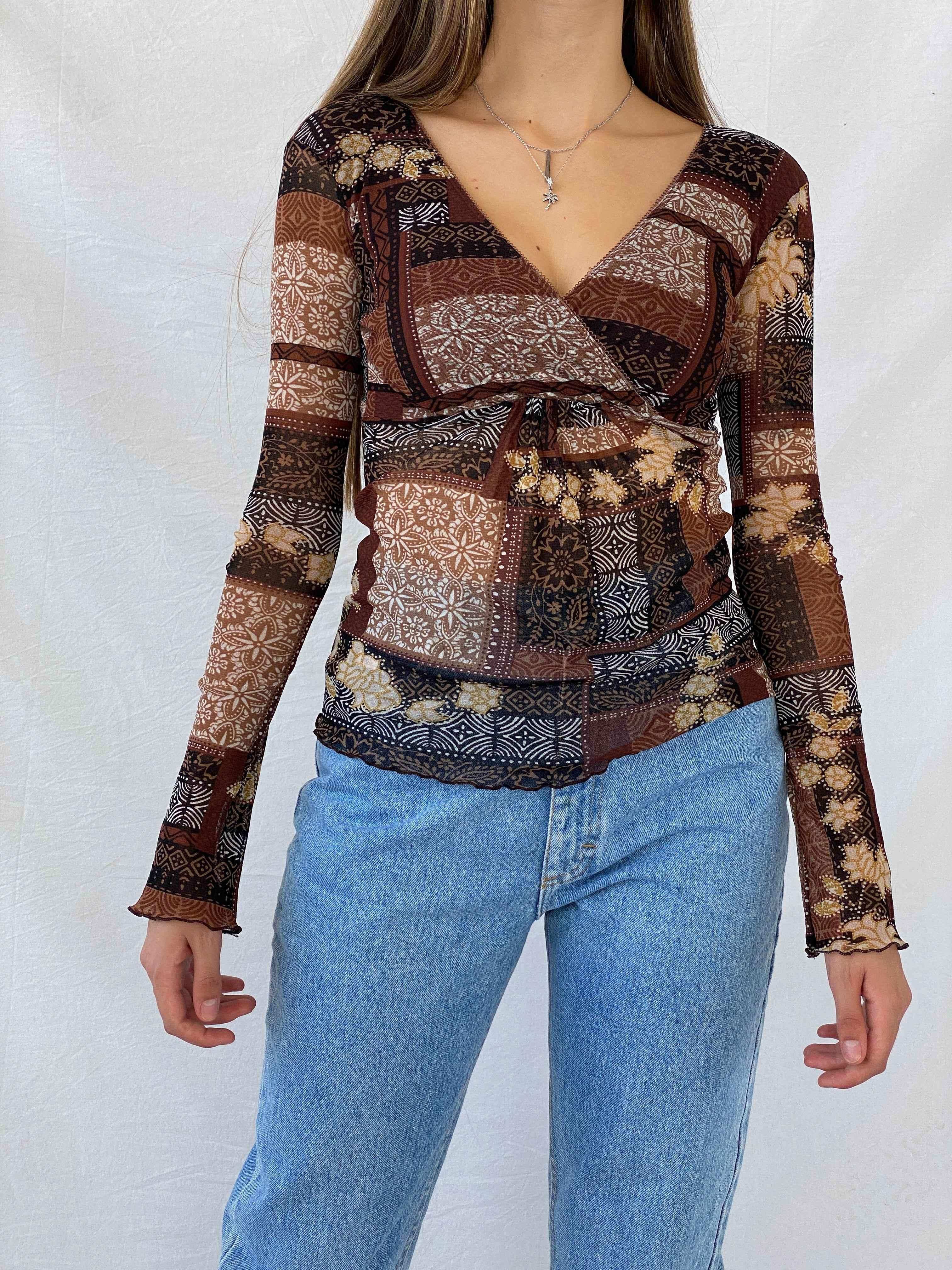 Vintage 90s Etam Full Sleeve Brown Mesh Top - Balagan Vintage Mesh Top consignment, Deals, full sleeve top, Isabella, mesh, mesh top, Mira