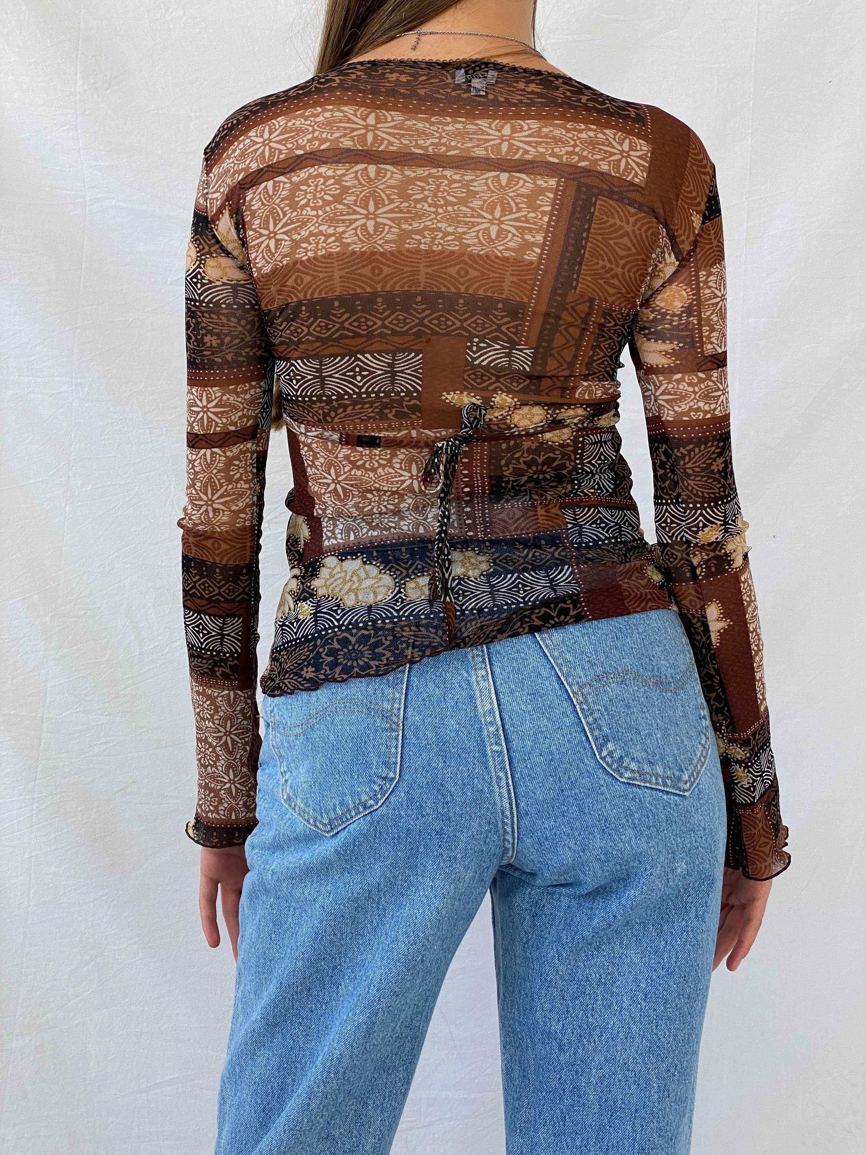 Vintage 90s Etam Full Sleeve Brown Mesh Top - Balagan Vintage Mesh Top consignment, Deals, full sleeve top, Isabella, mesh, mesh top, Mira