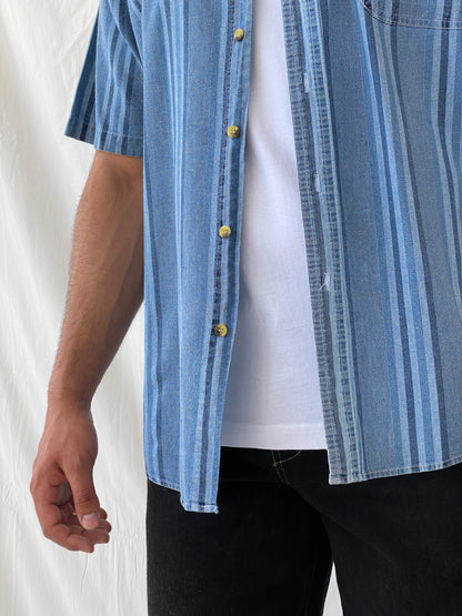 Vintage 90s Faded Glory Men’s Button Up Striped Blue Short Sleeve Cotton Shirt - L - Balagan Vintage Half Sleeve Shirt 90s, half sleeve shirt, mens shirt, printed shirt, Ramez, silk, striped, striped shirt