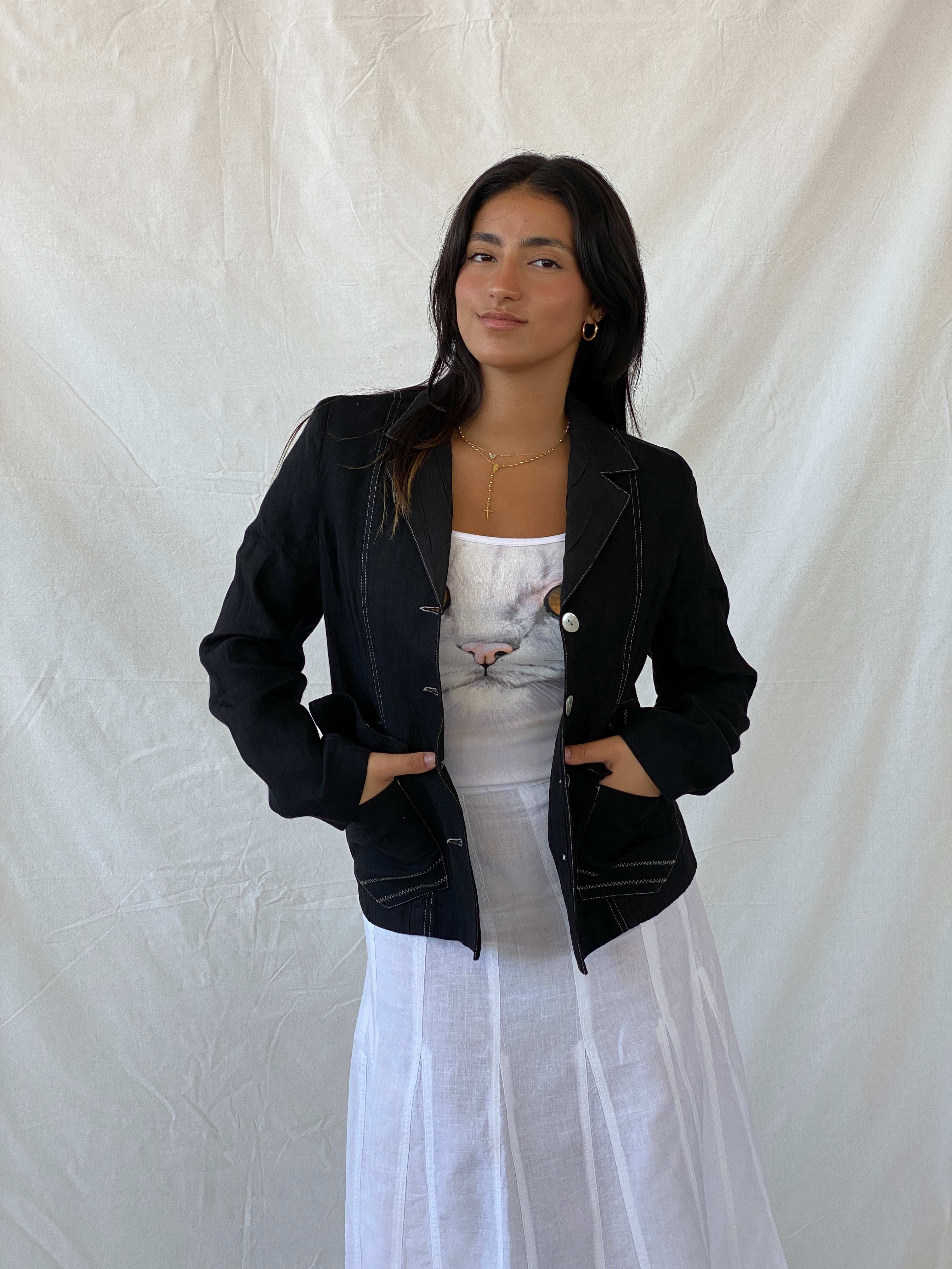 Vintage 90s Féminité Paris Black Linen Seashell Buttoned Blazer - M - Balagan Vintage Blazer 90s, blazer, full sleeve blazer, Lana, linen, striped, vintage blazer