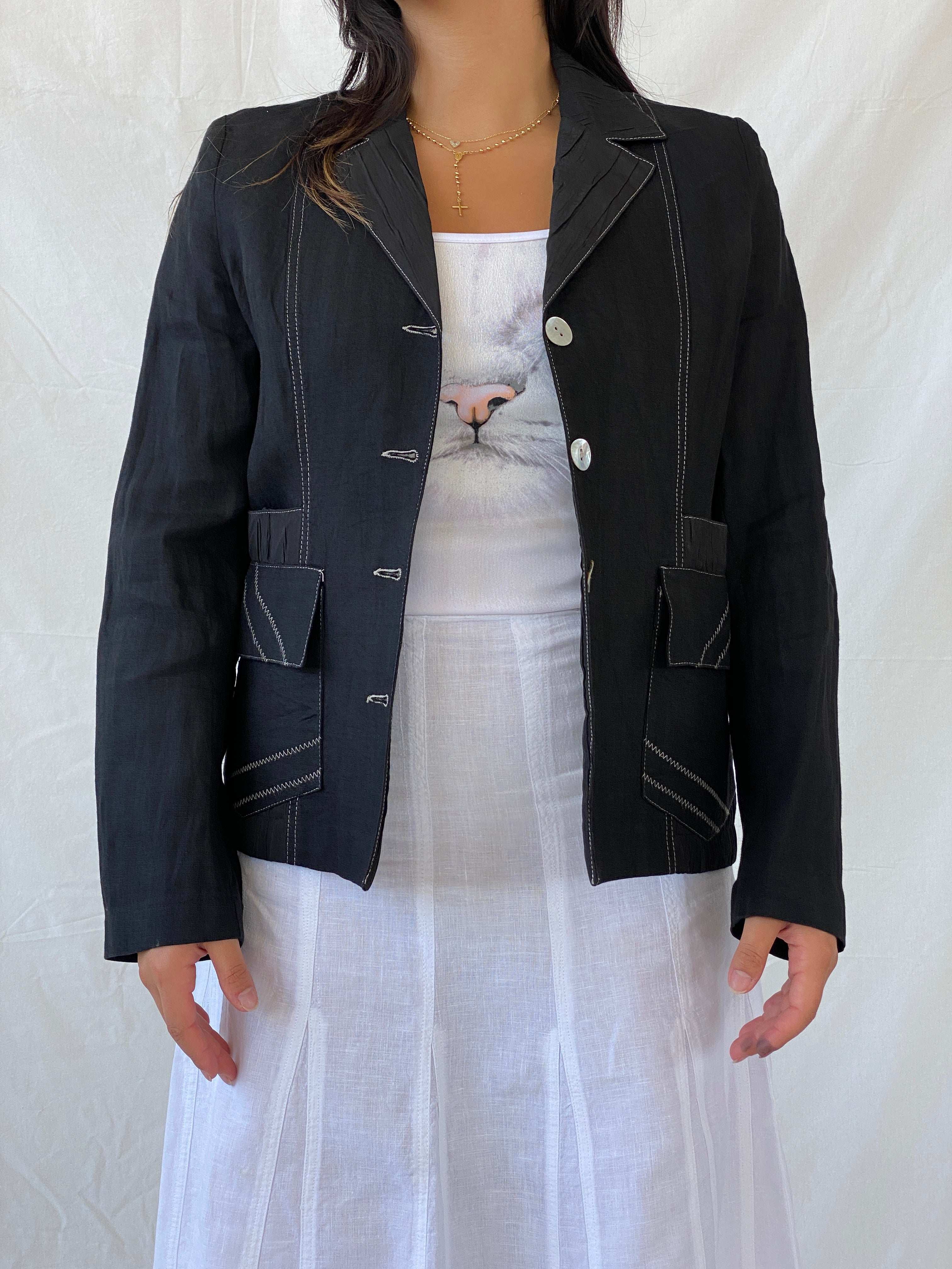 Vintage 90s Féminité Paris Black Linen Seashell Buttoned Blazer - M - Balagan Vintage Blazer 90s, blazer, full sleeve blazer, Lana, linen, striped, vintage blazer