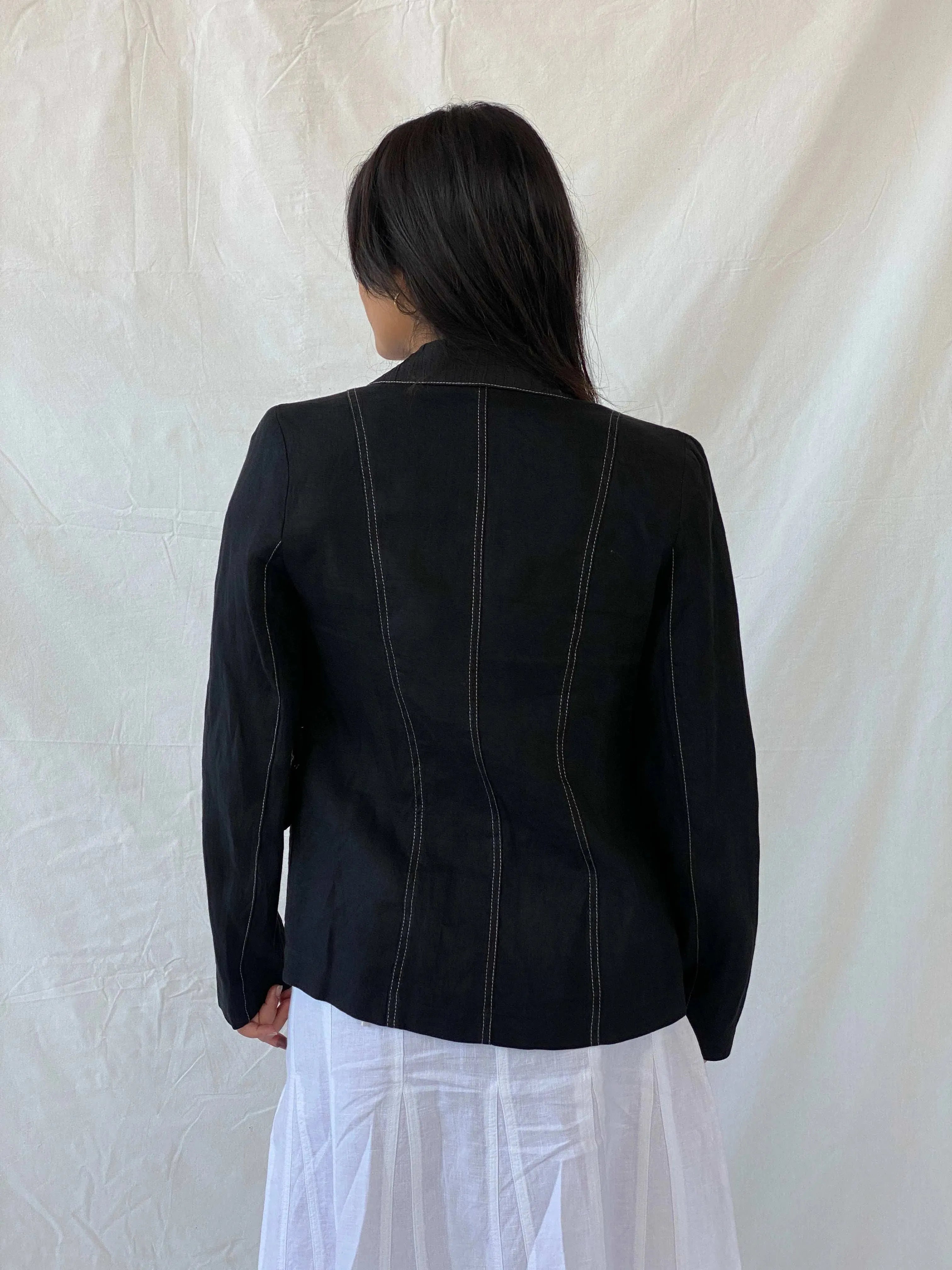 Vintage 90s Féminité Paris Black Linen Seashell Buttoned Blazer - M - Balagan Vintage Blazer 90s, blazer, Coats&Jackets, full sleeve blazer, Lana, linen, striped, vintage blazer, Women's Blazers