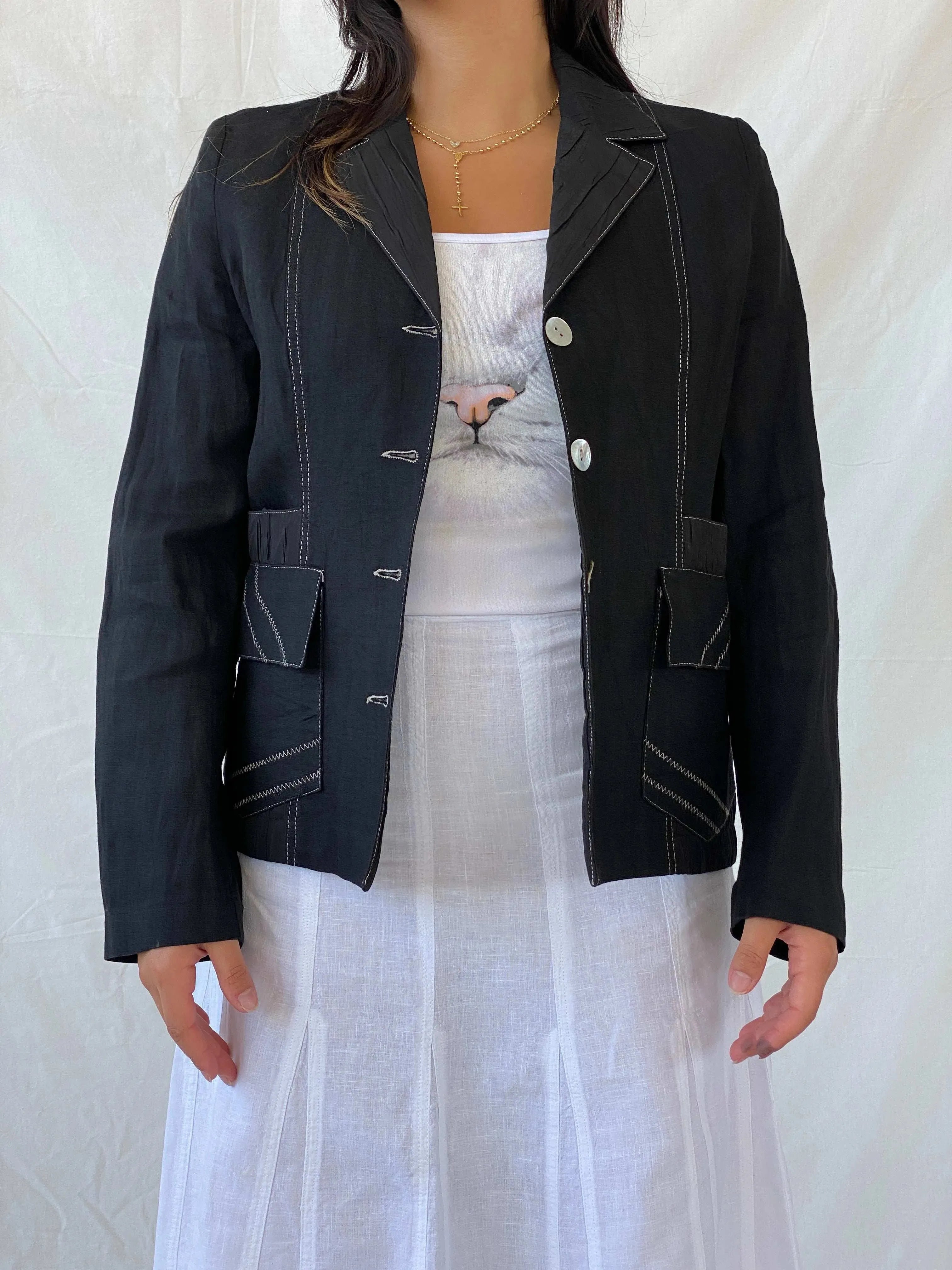 Vintage 90s Féminité Paris Black Linen Seashell Buttoned Blazer - M - Balagan Vintage Blazer 90s, blazer, Coats&Jackets, full sleeve blazer, Lana, linen, striped, vintage blazer, Women's Blazers