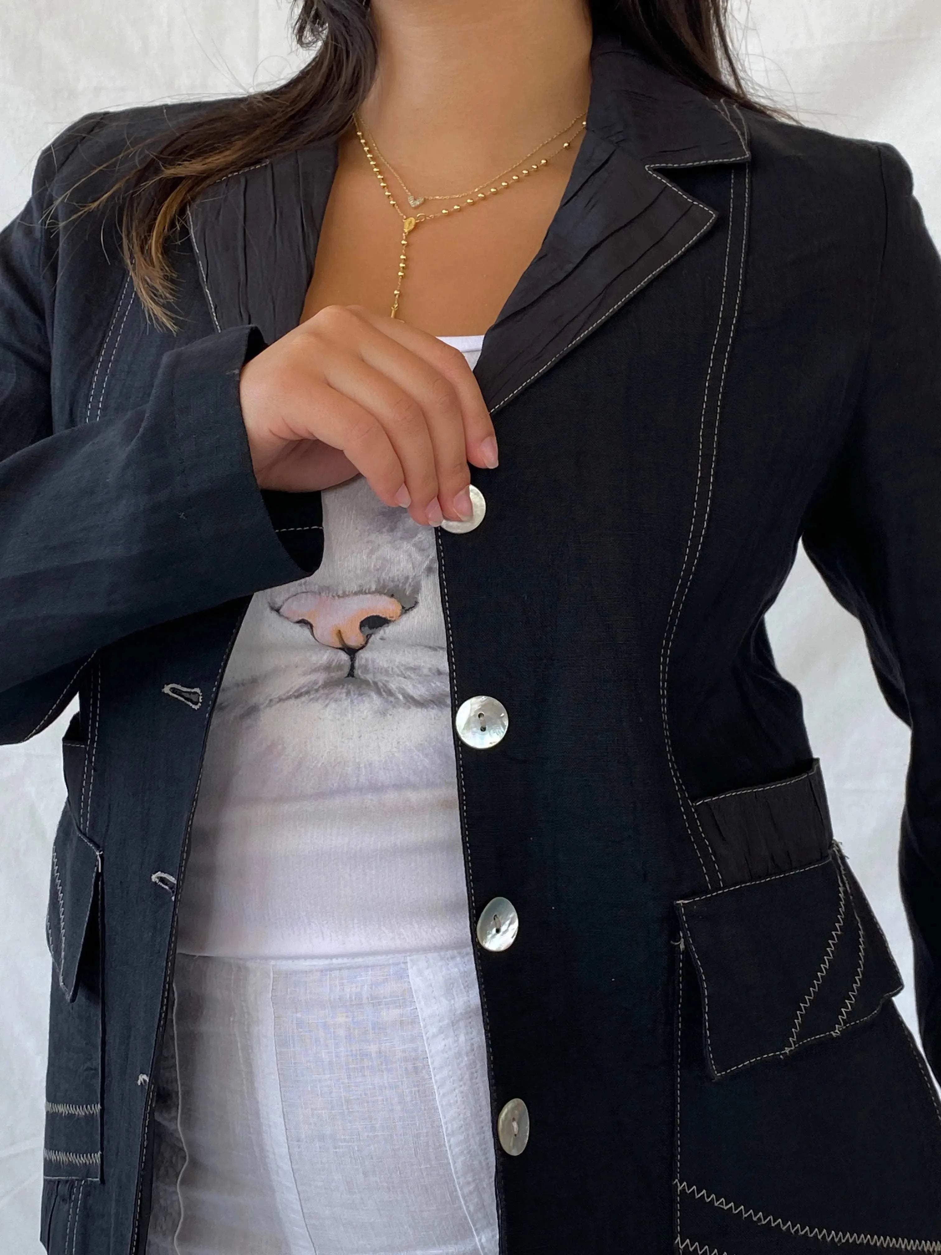 Vintage 90s Féminité Paris Black Linen Seashell Buttoned Blazer - M - Balagan Vintage Blazer 90s, blazer, Coats&Jackets, full sleeve blazer, Lana, linen, striped, vintage blazer, Women's Blazers
