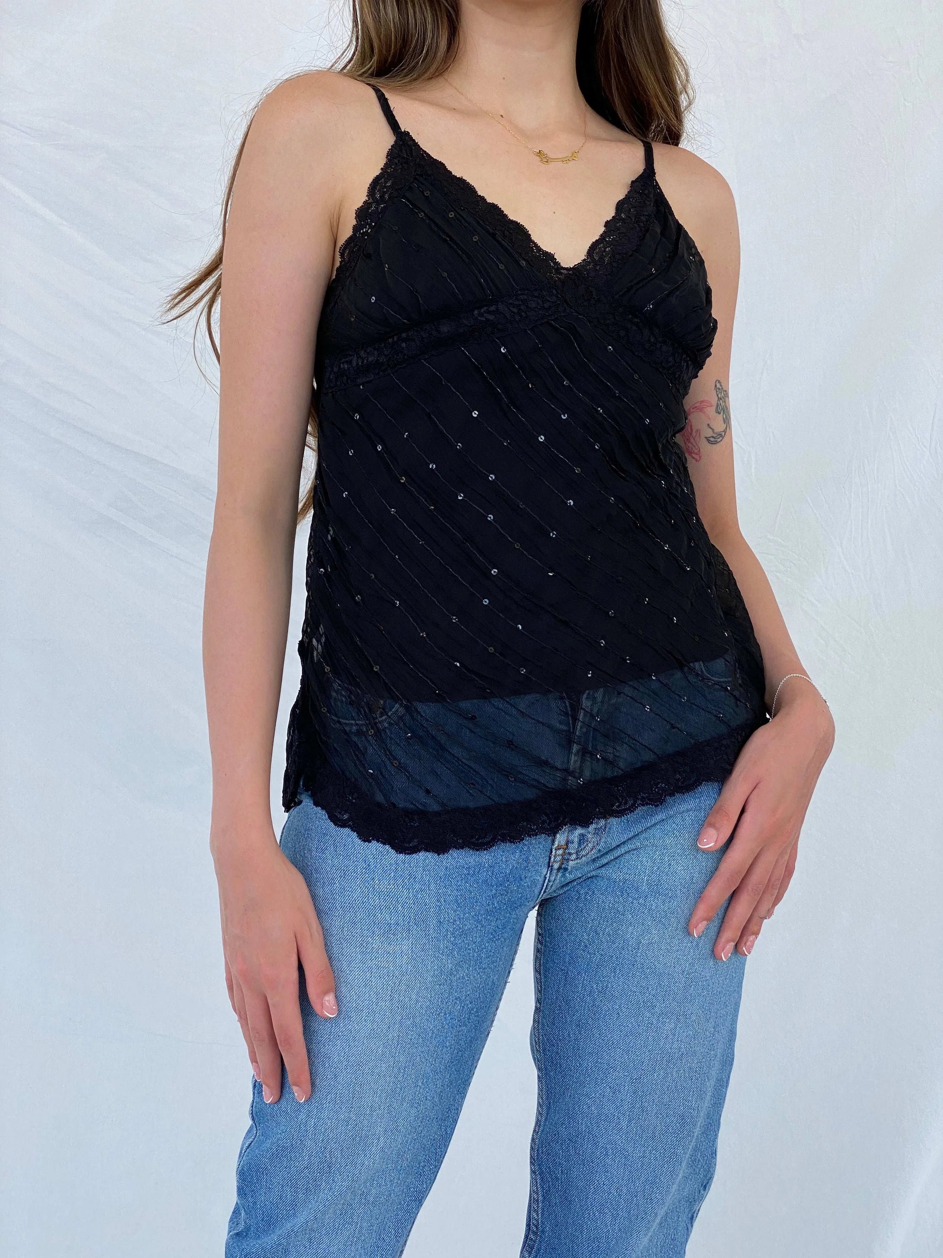 Vintage 90s Fire Los Angeles Sequin Black Lace Trim Cami Top - S - Balagan Vintage Cami 00s, 90s, Cami, Mira, sheer, shimmer