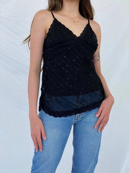 Vintage 90s Fire Los Angeles Sequin Black Lace Trim Cami Top - S - Balagan Vintage Cami 00s, 90s, Cami, Mira, sheer, shimmer