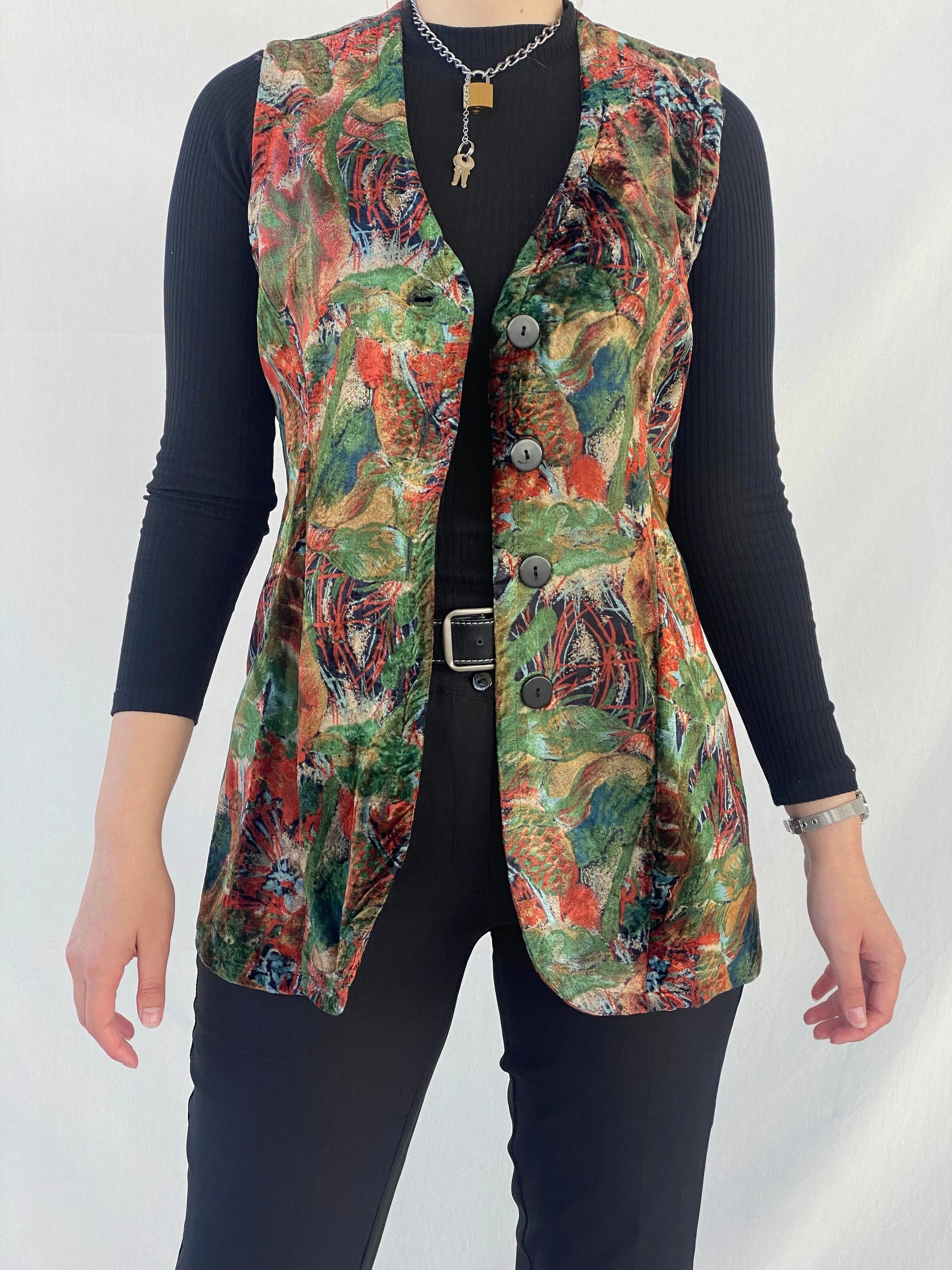 Vintage 90s Floral Orange & Green Velvet Buttoned Long Vest - XL - Balagan Vintage Vest Ayah, velvet, velvet top, vest