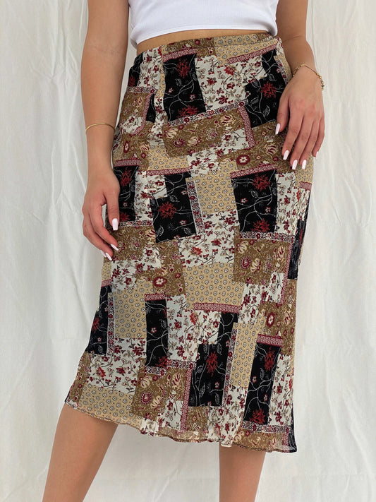 Vintage 90s Floral Patchwork Print Midi Skirt - Size S - Balagan Vintage Midi Skirt 00s, 90s, Deals, floral, floral skirt, midi skirt, Rama