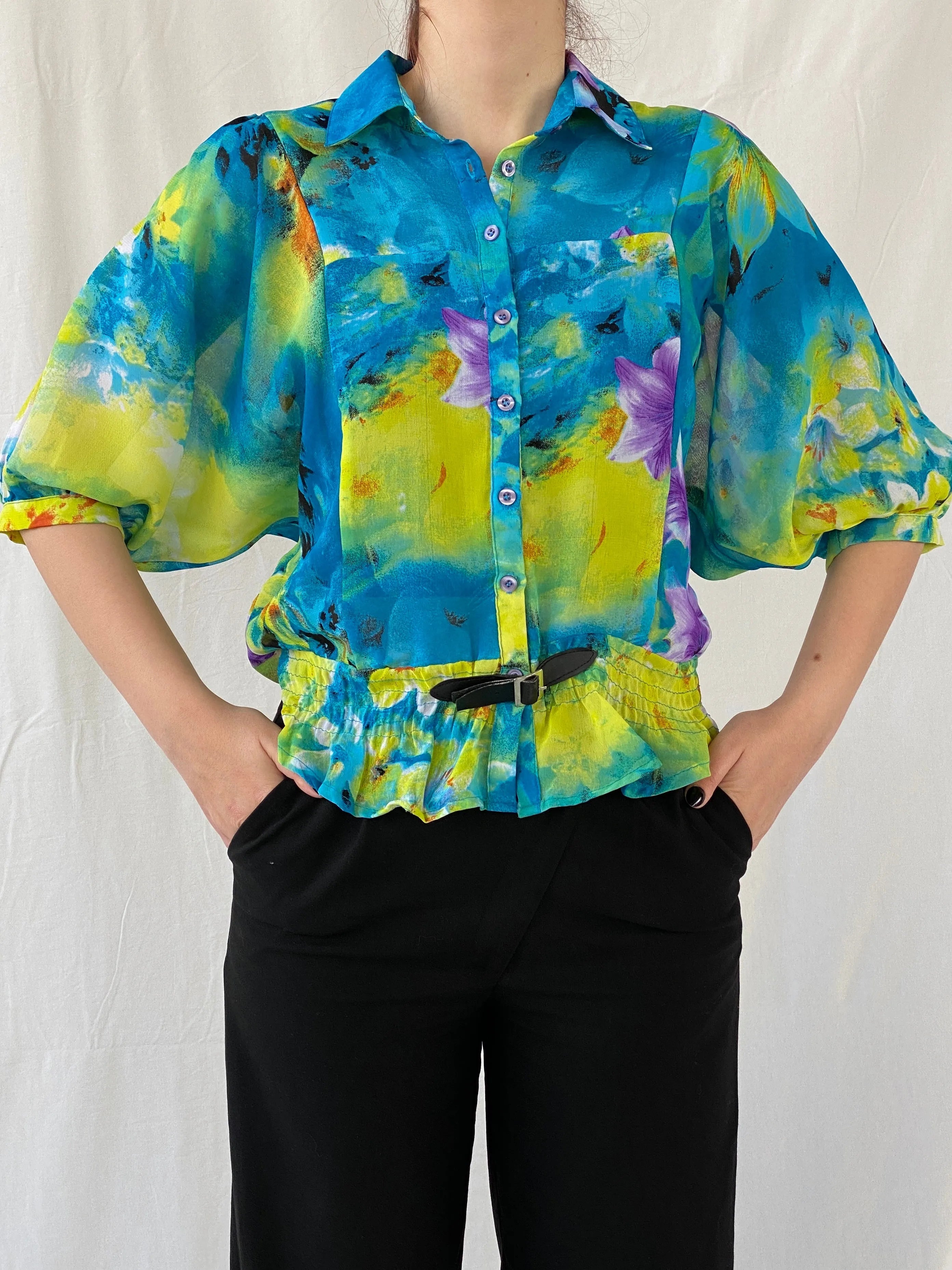 Vintage 90s Follow Me Floral Blue Puff Sleeve Elastic Waist Blouse - M - Balagan Vintage Full Sleeve Top 00s, Ayah, floral, floral top, NEW IN, Top, women top