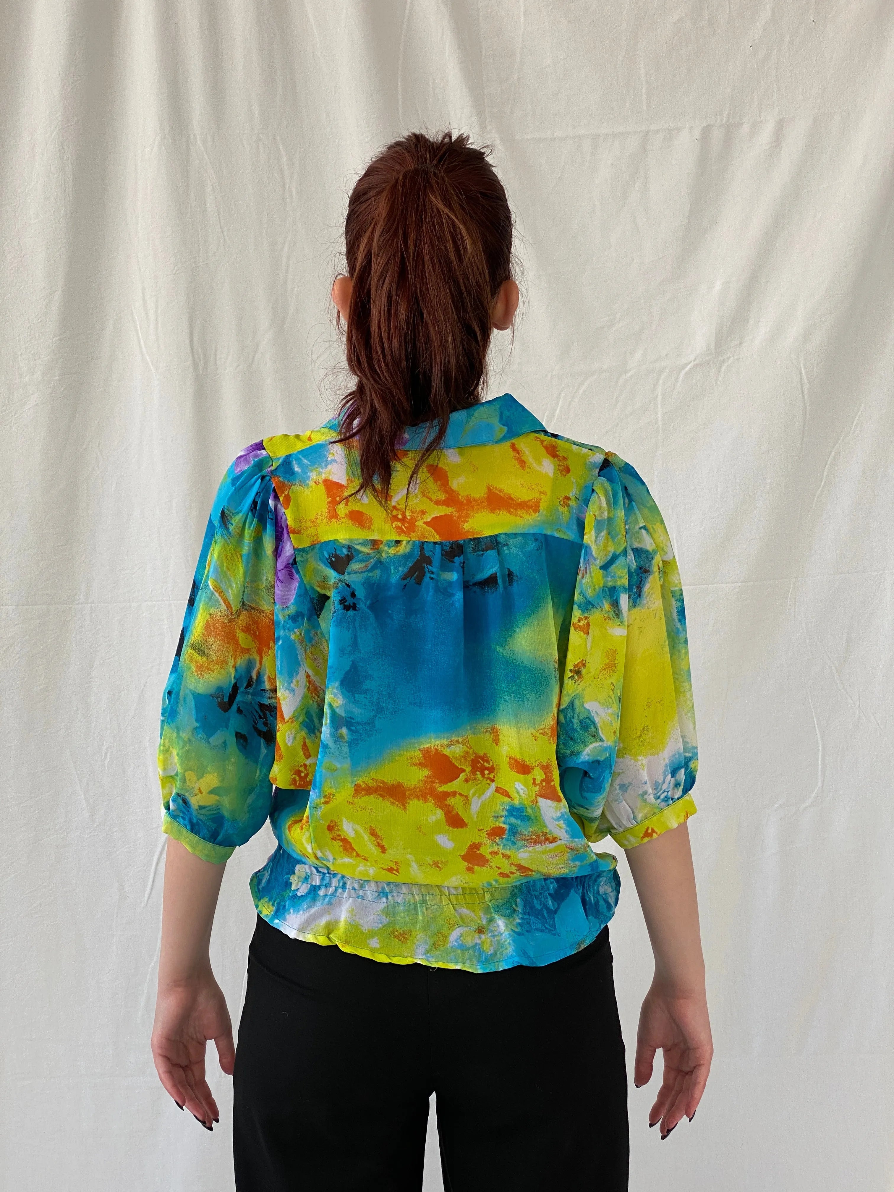 Vintage 90s Follow Me Floral Blue Puff Sleeve Elastic Waist Blouse - M - Balagan Vintage Full Sleeve Top 00s, Ayah, floral, floral top, NEW IN, Top, women top