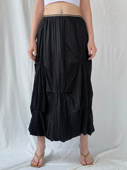 Vintage 90s French Archival Femmes Je Vous Aime Black Ruched Bubble Maxi Skirt - L - Balagan Vintage Midi Skirt 00s, Ayah, midi skirt, women skirt