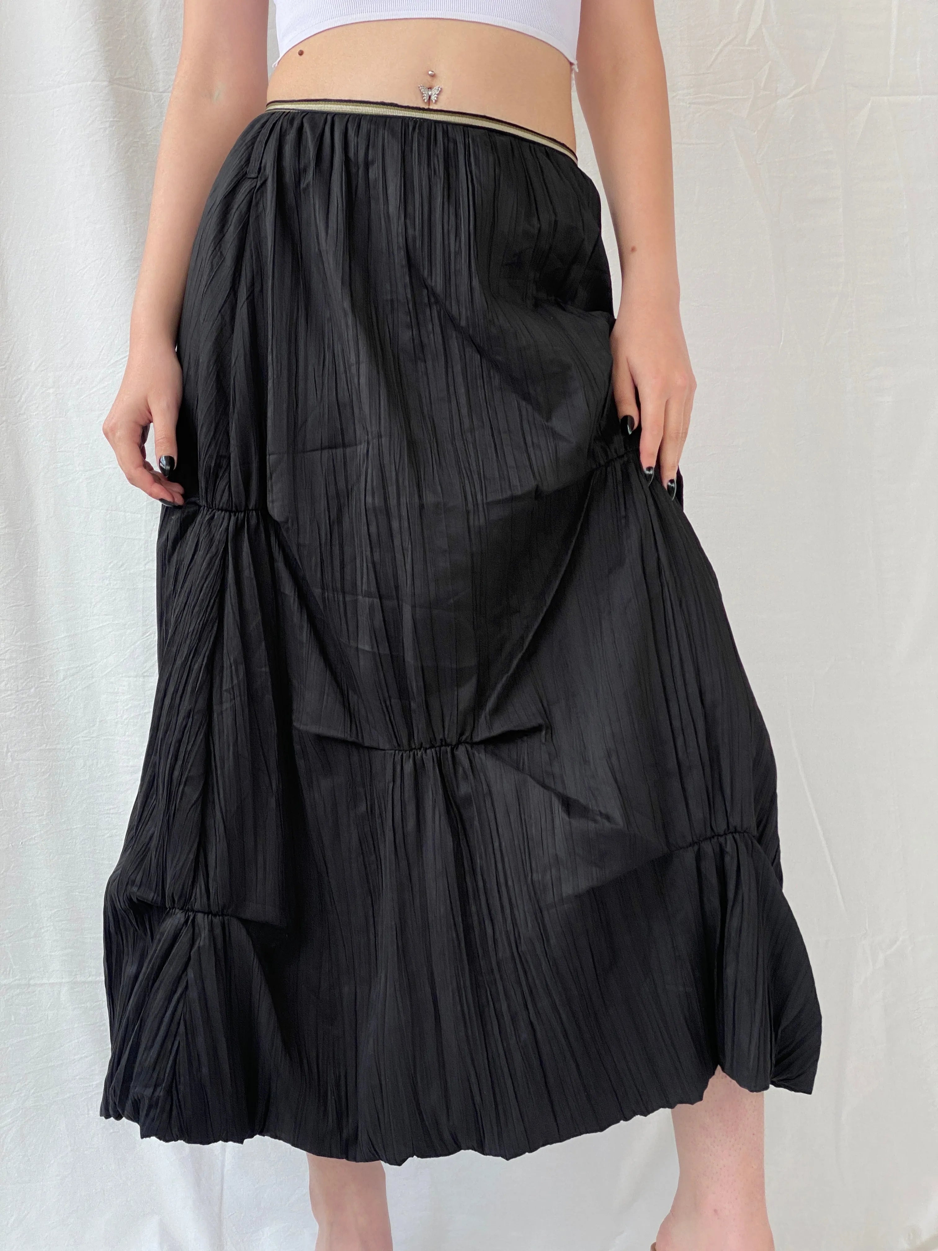 Vintage 90s French Archival Femmes Je Vous Aime Black Ruched Bubble Maxi Skirt - L - Balagan Vintage Midi Skirt 00s, Ayah, midi skirt, women skirt