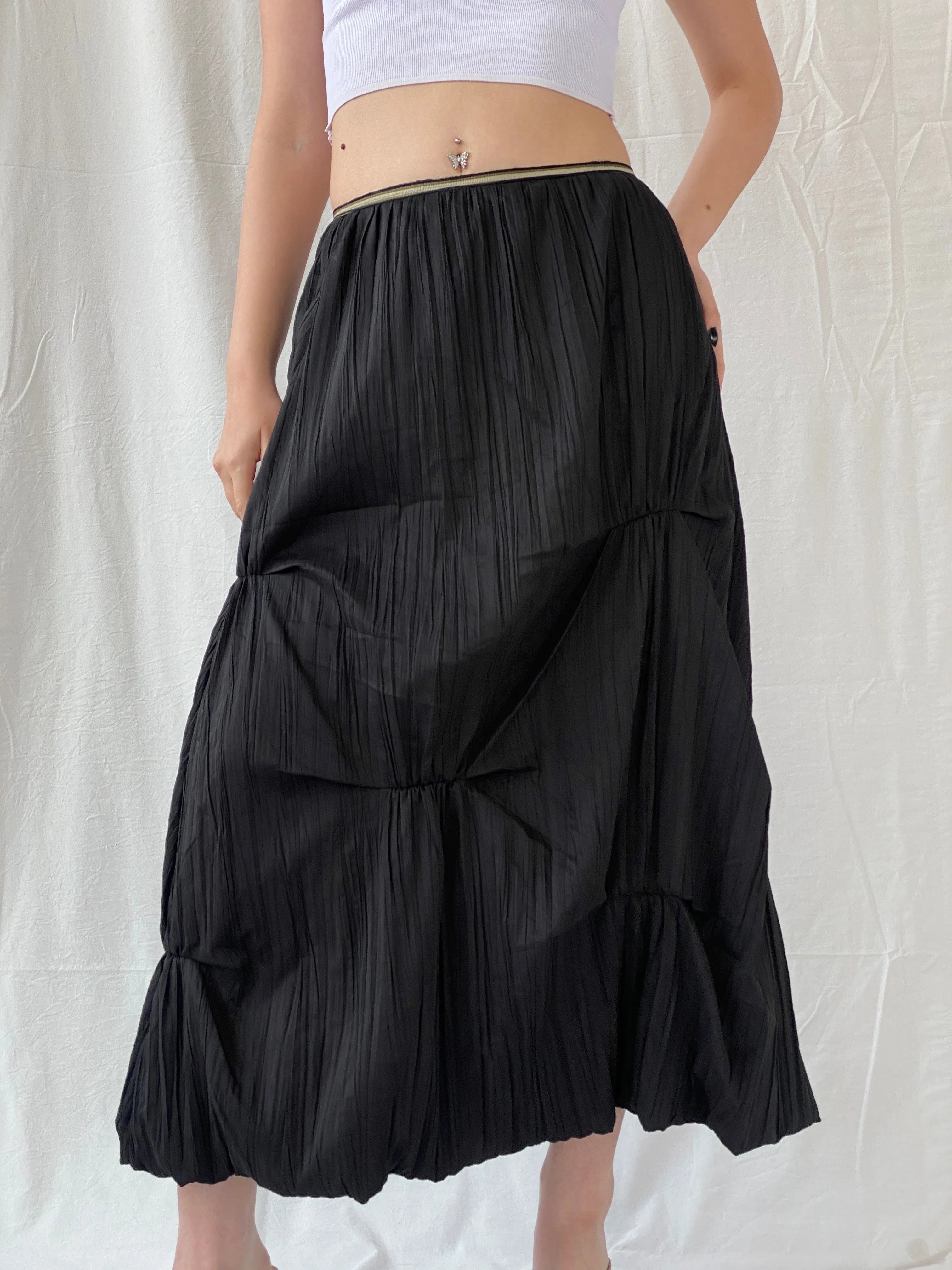 Vintage 90s French Archival Femmes Je Vous Aime Black Ruched Bubble Maxi Skirt - L - Balagan Vintage Midi Skirt 00s, Ayah, midi skirt, women skirt