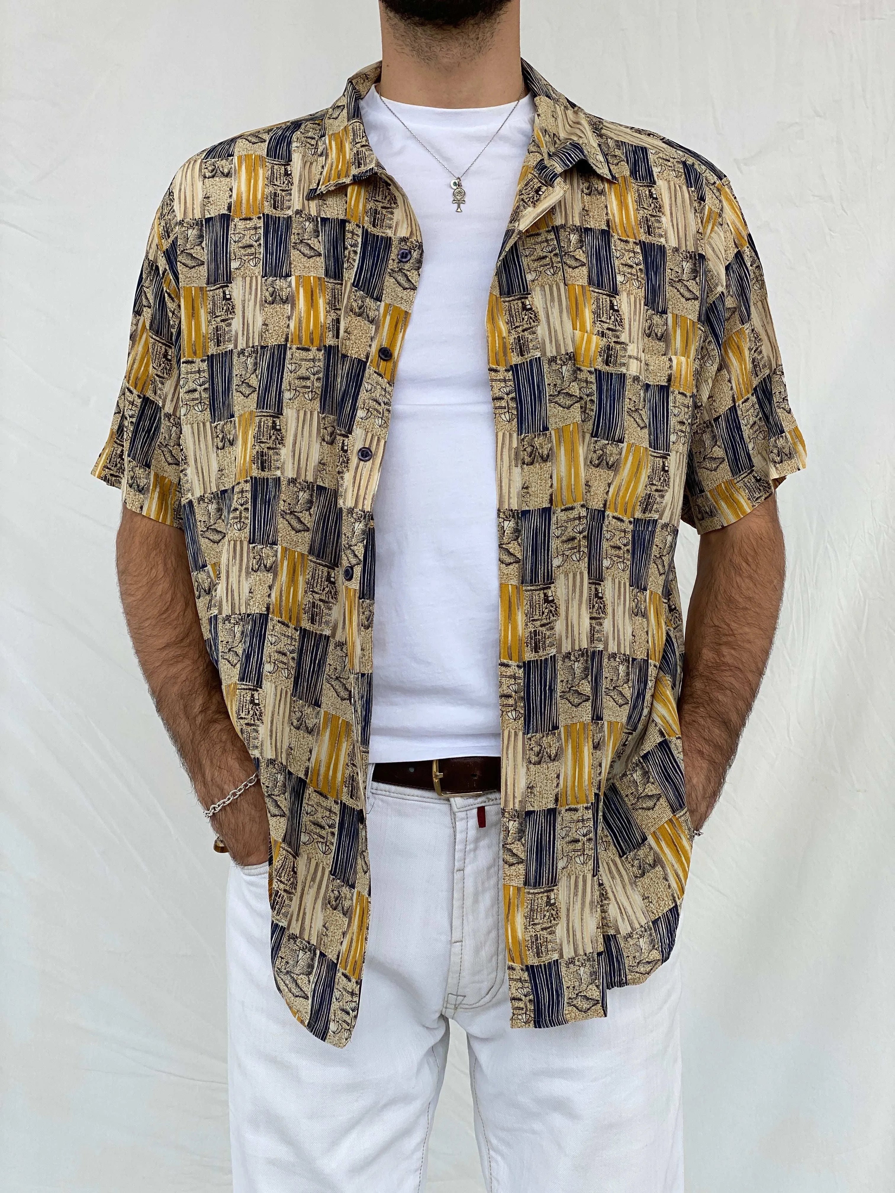 Vintage 90s GENELLI Beige Pure Silk Shirt Size XL - Balagan Vintage Half Sleeve Shirt 90s, Awsam, half sleeve shirt, mens shirt, printed shirt, printed silk shirt, silk shirt