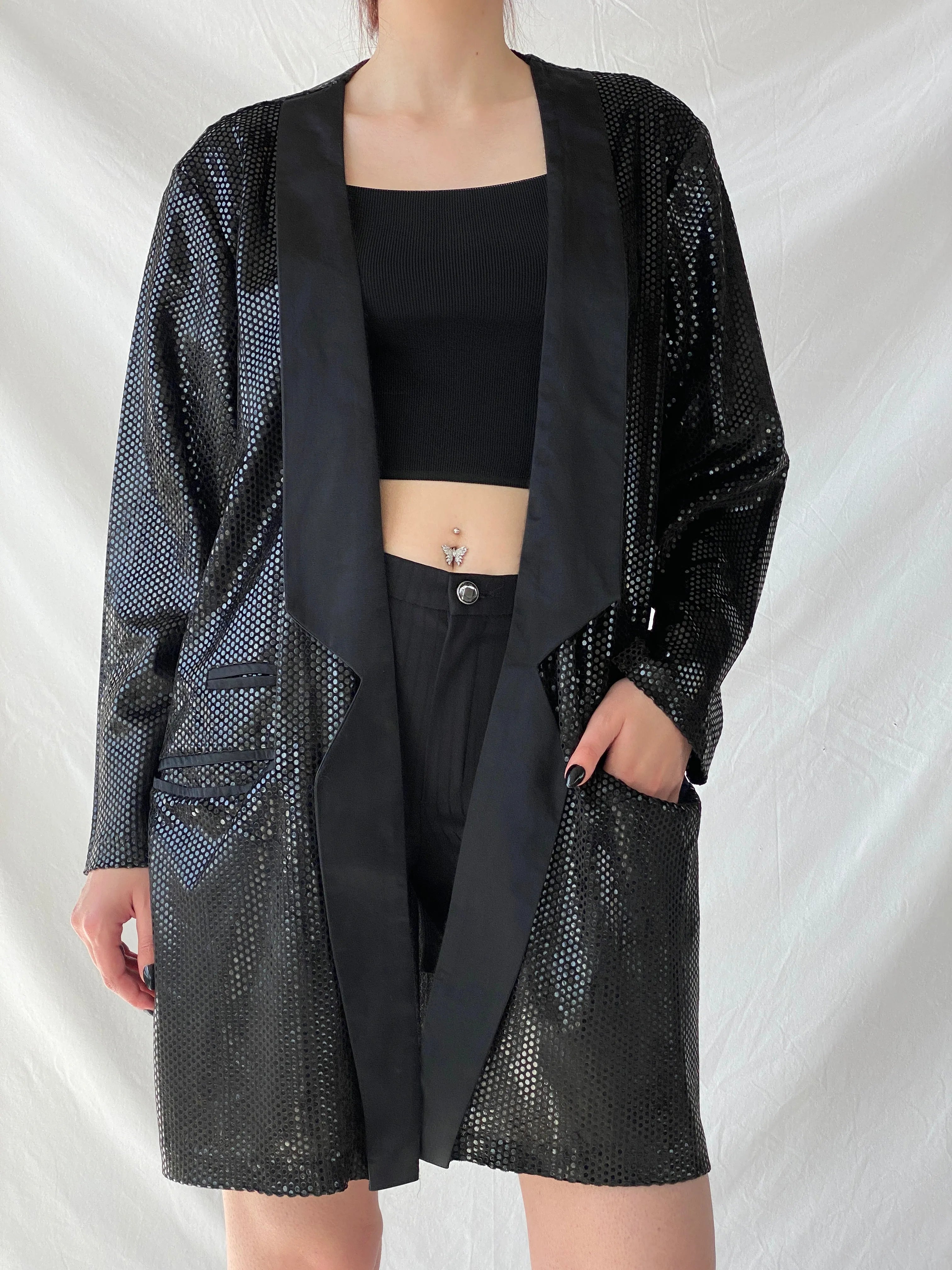 Vintage 90s GENG Sequin Party Long Women’s Blazer with Satin Trim - XL - Balagan Vintage Blazer 00s, 90s, Ayah, blazer, Coats&Jackets, metallic shirt, vintage blazer, winter, Women's Blazers