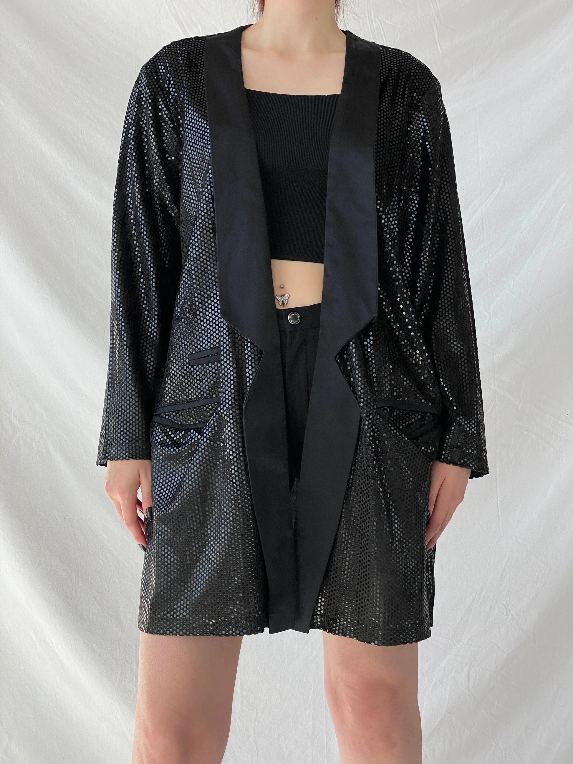 Vintage 90s GENG Sequin Party Long Women’s Blazer with Satin Trim - XL - Balagan Vintage Blazer 00s, 90s, Ayah, blazer, Coats&Jackets, metallic shirt, vintage blazer, winter, Women's Blazers