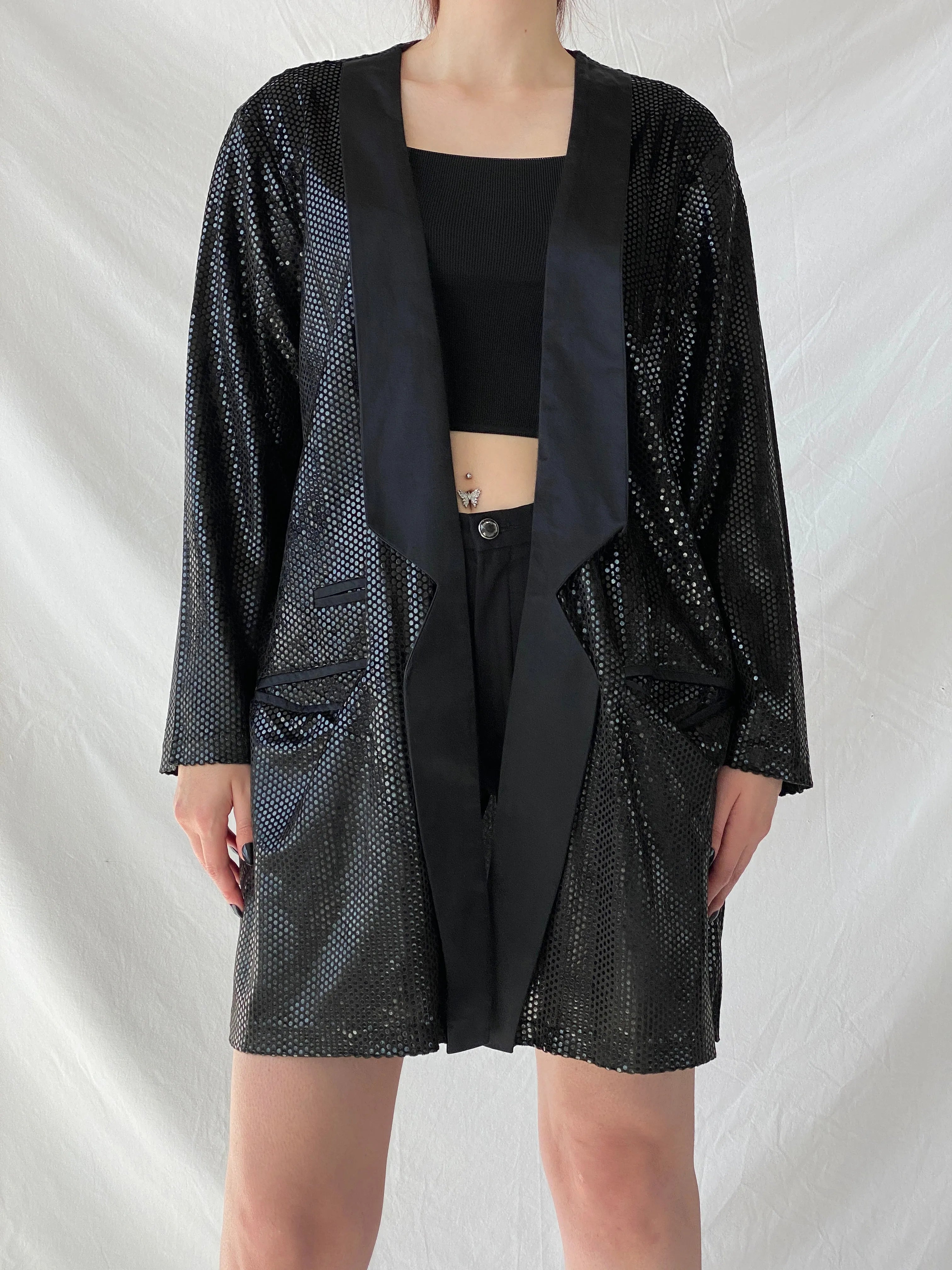Vintage 90s GENG Sequin Party Long Women’s Blazer with Satin Trim - XL - Balagan Vintage Blazer 00s, 90s, Ayah, blazer, Coats&Jackets, metallic shirt, vintage blazer, winter, Women's Blazers