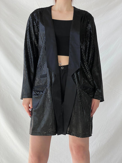 Vintage 90s GENG Sequin Party Long Women’s Blazer with Satin Trim - XL - Balagan Vintage Blazer 00s, 90s, Ayah, blazer, Coats&Jackets, metallic shirt, vintage blazer, winter, Women's Blazers