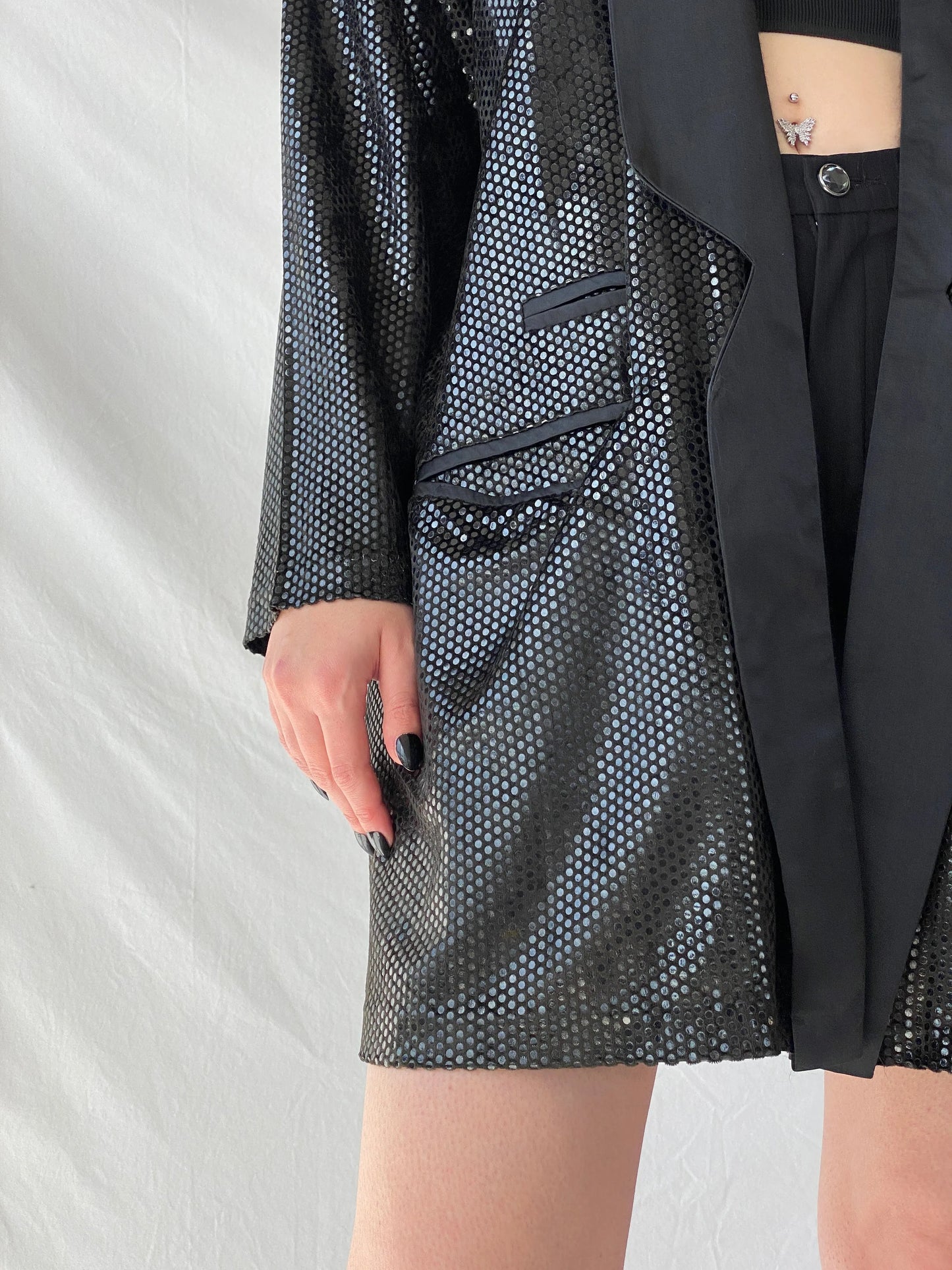 Vintage 90s GENG Sequin Party Long Women’s Blazer with Satin Trim - XL - Balagan Vintage Blazer 00s, 90s, Ayah, blazer, Coats&Jackets, metallic shirt, vintage blazer, winter, Women's Blazers