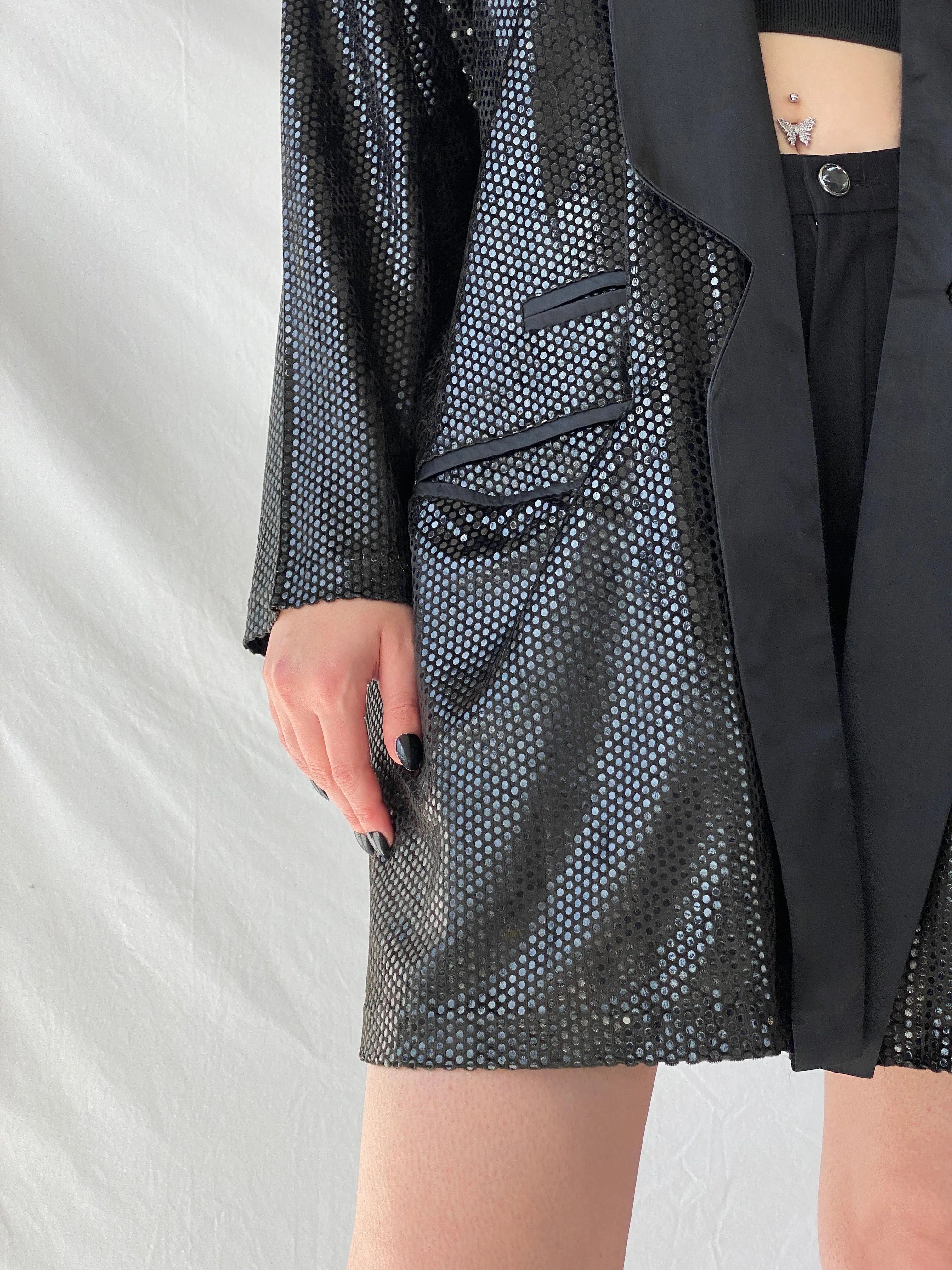 Vintage 90s GENG Sequin Party Long Women’s Blazer with Satin Trim - XL - Balagan Vintage Blazer 00s, 90s, Ayah, blazer, Coats&Jackets, metallic shirt, vintage blazer, winter, Women's Blazers