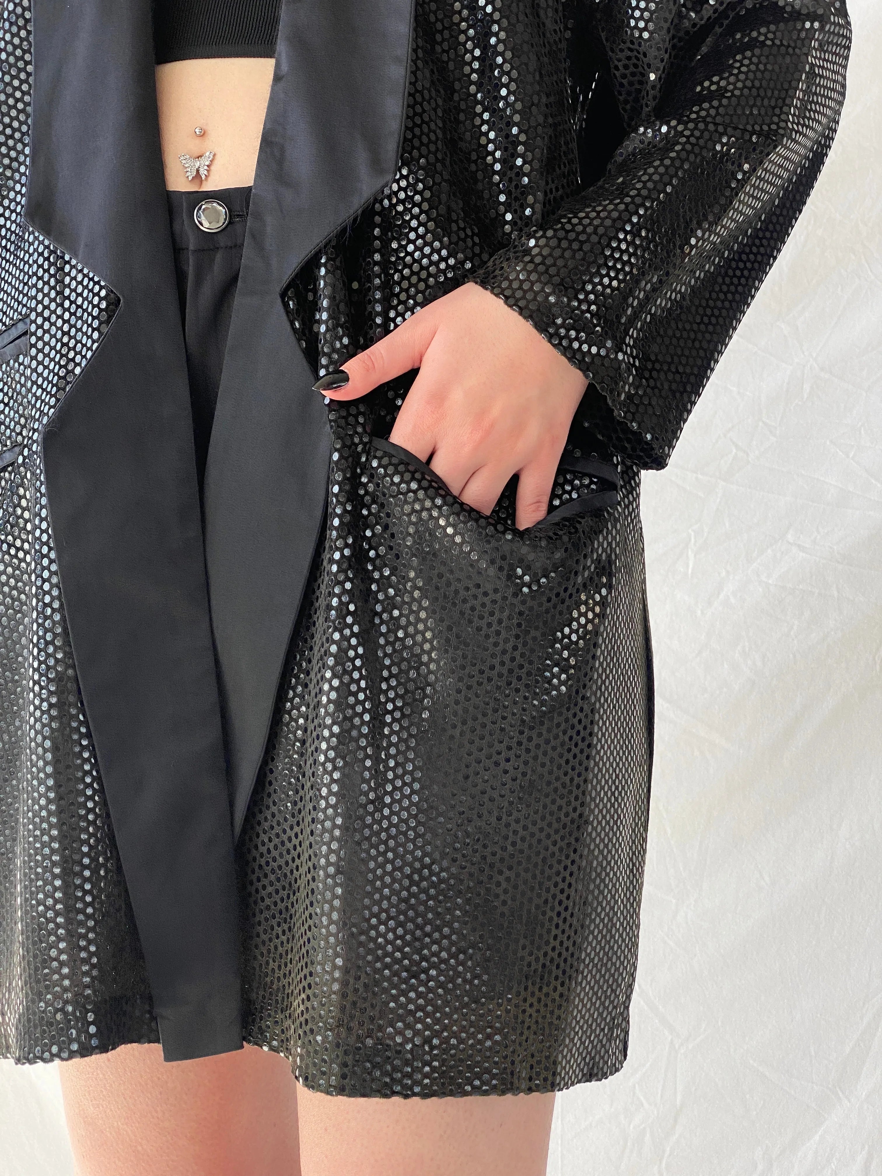Vintage 90s GENG Sequin Party Long Women’s Blazer with Satin Trim - XL - Balagan Vintage Blazer 00s, 90s, Ayah, blazer, Coats&Jackets, metallic shirt, vintage blazer, winter, Women's Blazers