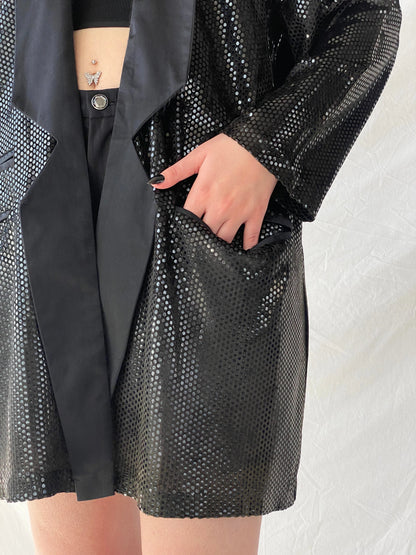 Vintage 90s GENG Sequin Party Long Women’s Blazer with Satin Trim - XL - Balagan Vintage Blazer 00s, 90s, Ayah, blazer, Coats&Jackets, metallic shirt, vintage blazer, winter, Women's Blazers