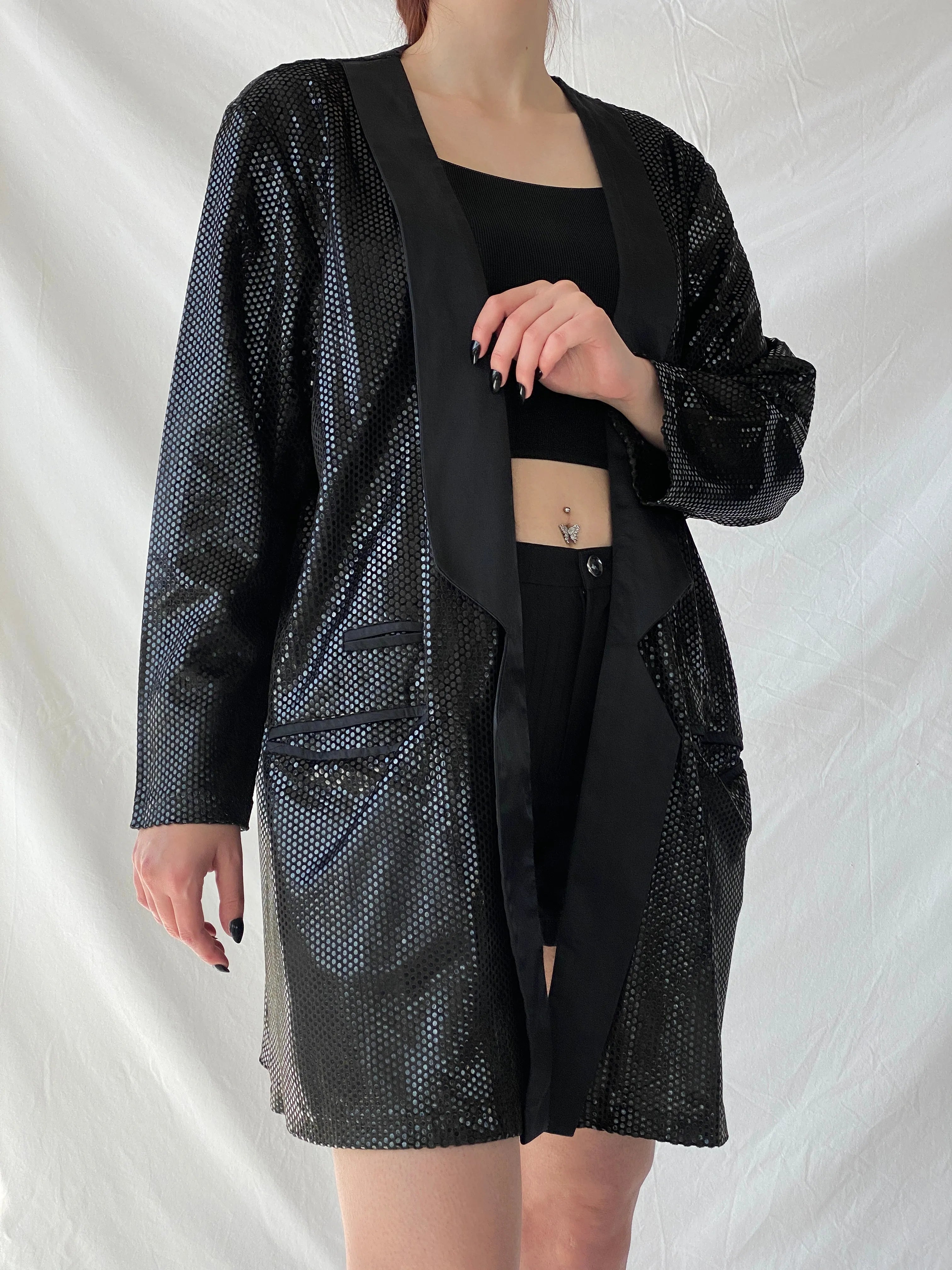Vintage 90s GENG Sequin Party Long Women’s Blazer with Satin Trim - XL - Balagan Vintage Blazer 00s, 90s, Ayah, blazer, Coats&Jackets, metallic shirt, vintage blazer, winter, Women's Blazers