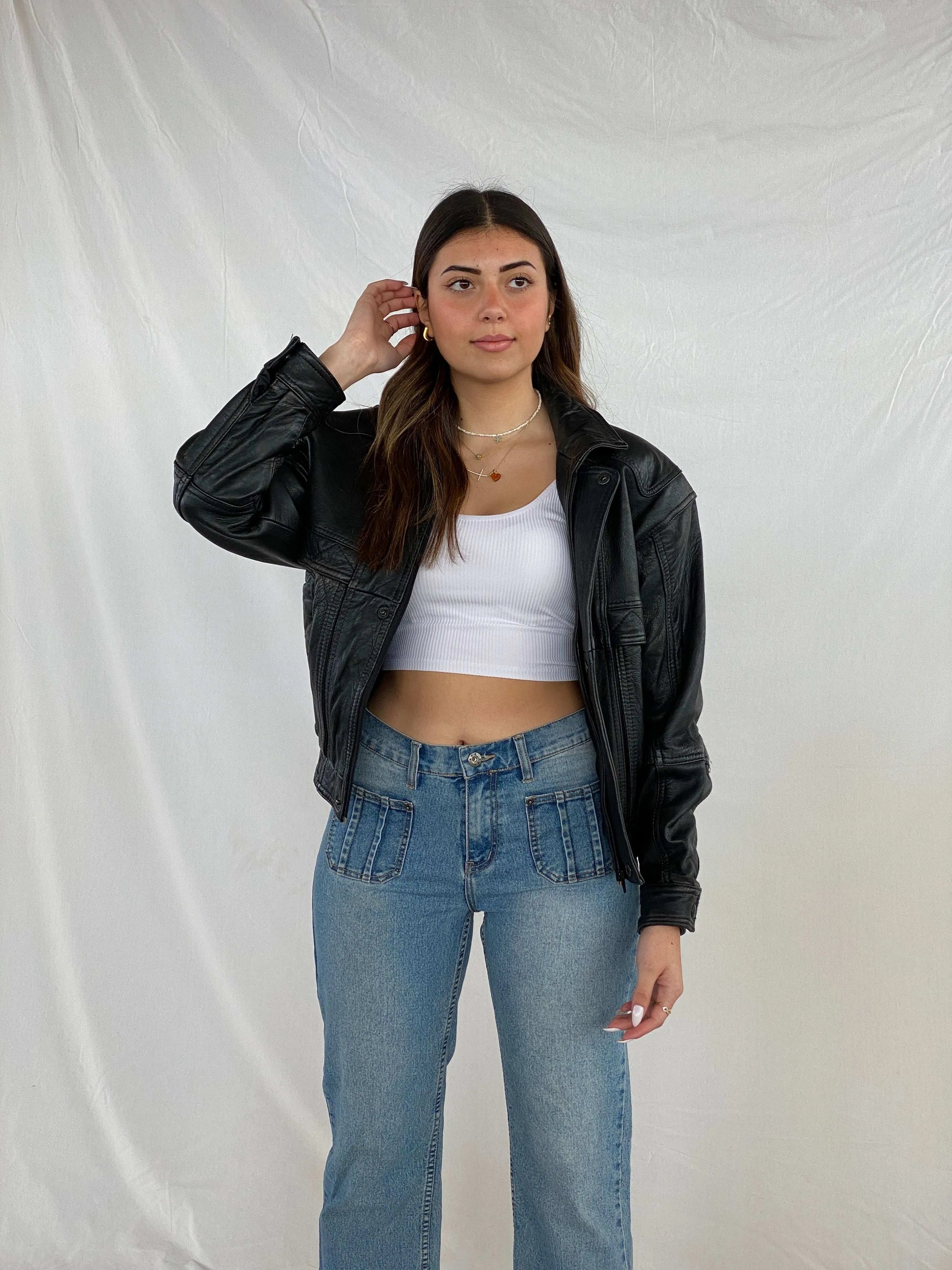 Vintage 90s Genuine Leather Heavy Bomber Jacket - Balagan Vintage Leather Jacket 00s, black leather, genuine leather, genuine leather jacket, Juana, leather jacket